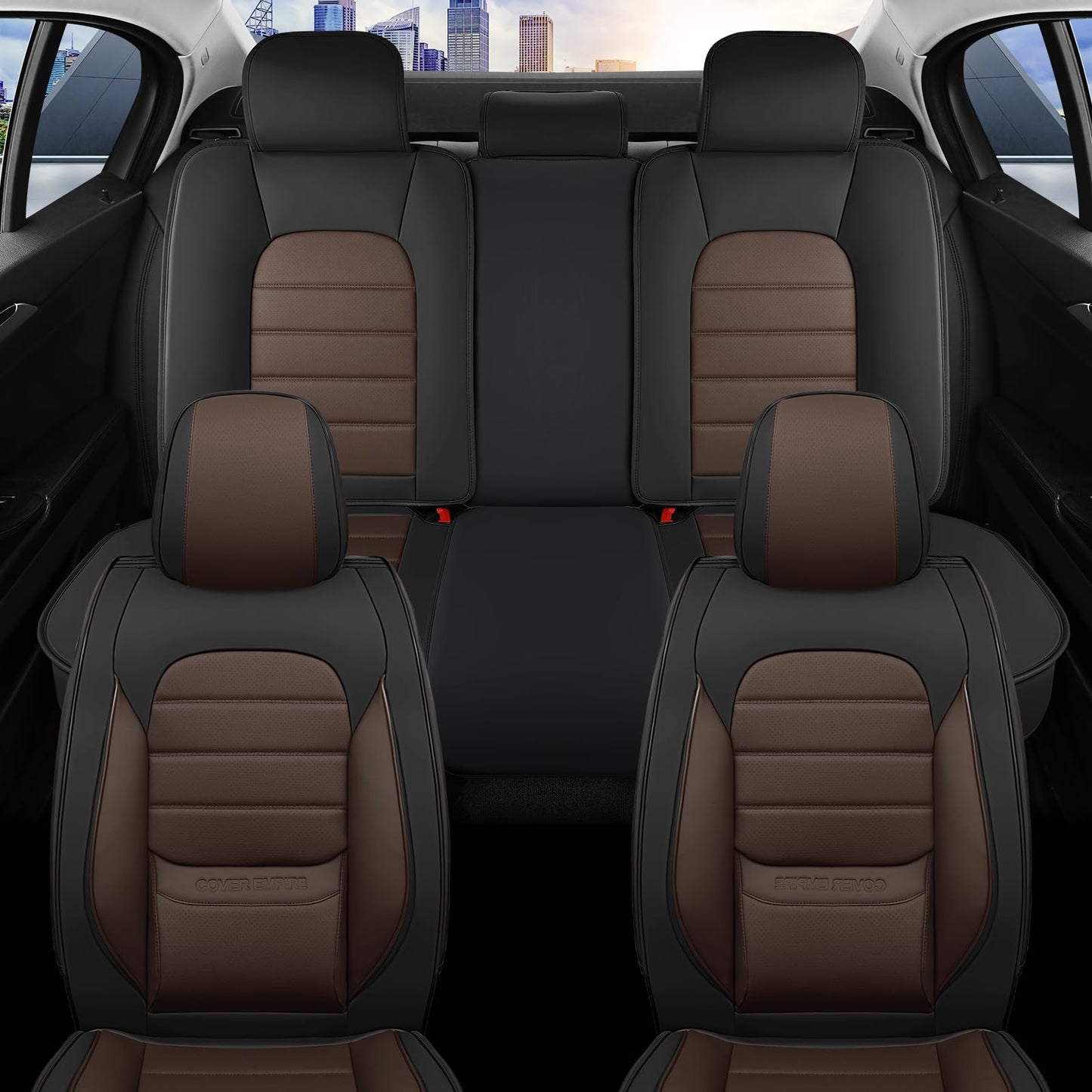 COVER EMPIRE Car Seat Covers Full Set, 5 Seats Universal Leather Seat Covers for Cars, Waterproof Front and Rear Seat Cover, Breathable Automotive Seat Cover for Most Sedans, Trucks, SUVs, Black&Brown