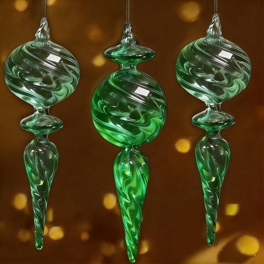 6PCS 9-Inch Hand-Blown Glass Finial Christmas Tree Hanging Ornaments – Extra Large Elegant Clear Glass Holiday Vintage Decorations – Luxury Handmade Seasonal Décor for Tree, Mantel, Party(Green)