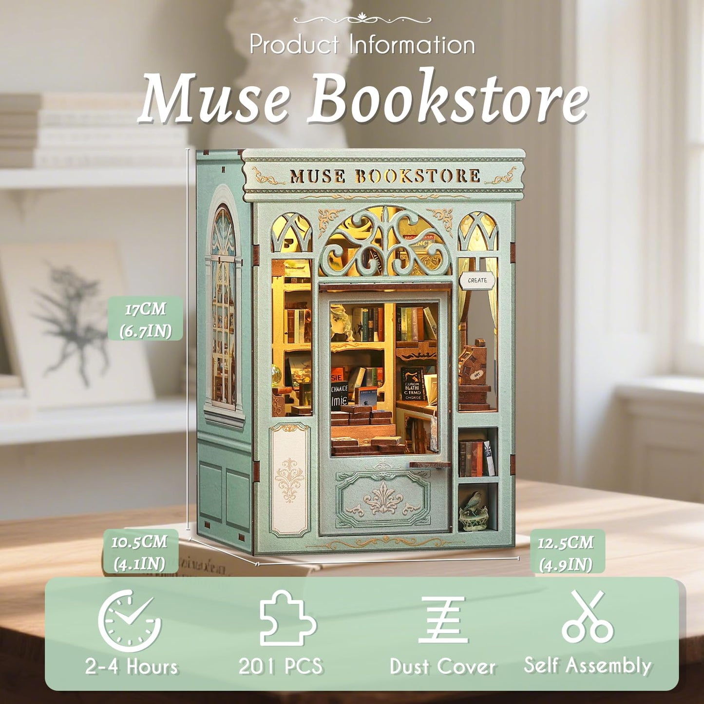 Fsolis Book Nook Kit - DIY Miniature House Kit Bookshelf 3D Wooden Puzzles for Adults Beginners Tiny House Mini Booknook Bookshop Gifts for Women Book Lovers (Muse Bookstore)