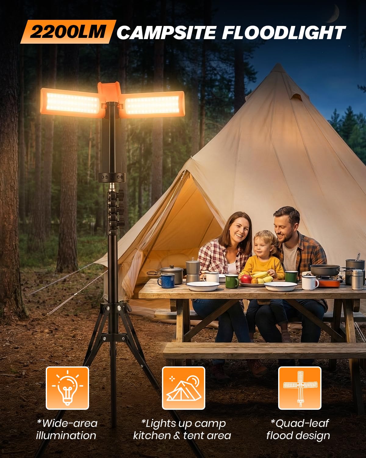 SakerNeo 15600mAh Rechargeable Camping Light with Stand, Work Light with 3 LED Lamp Heads,5 Brightness Levels,2200 Lumens Dimmable Camping Lantern with Magnetic Base