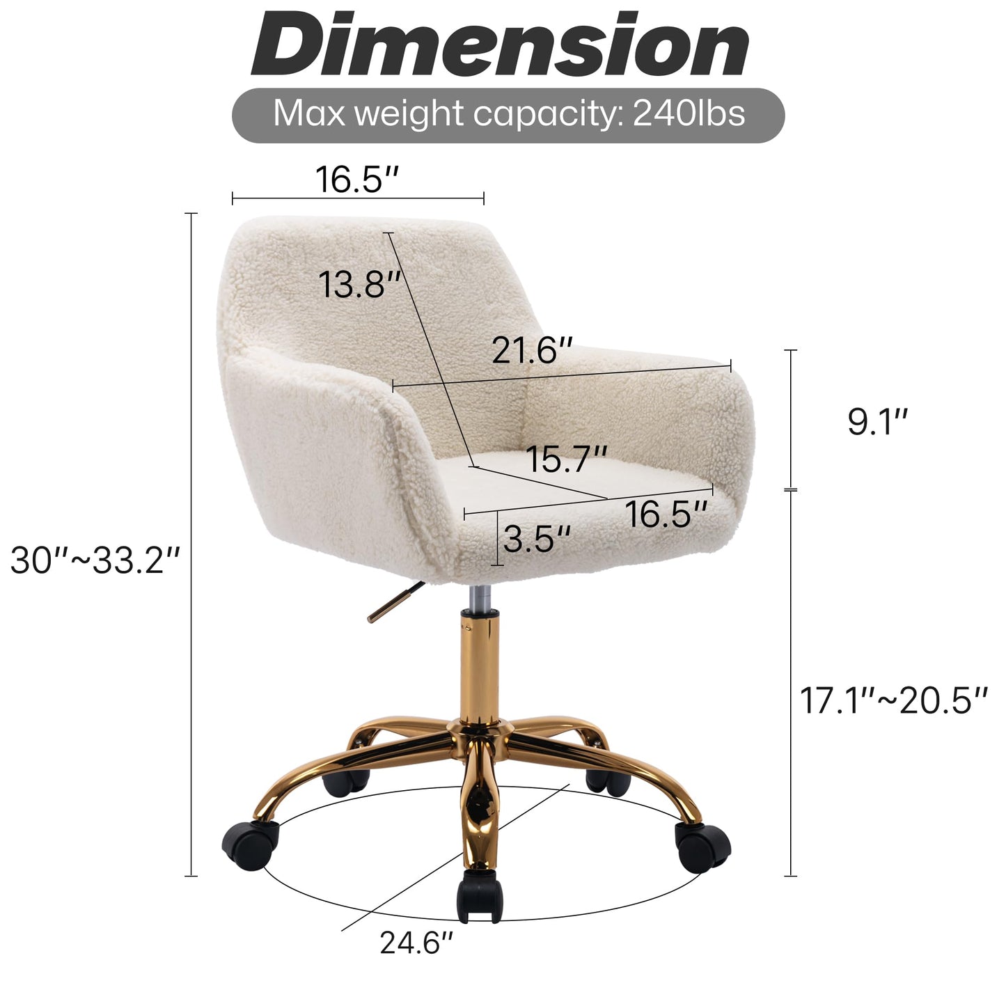 KCC Faux Fur Office Desk Chair, Comfy Swivel Armchair with Wheels, Upholstered Fuzzy Vanity Chair, Adjustable Height, White
