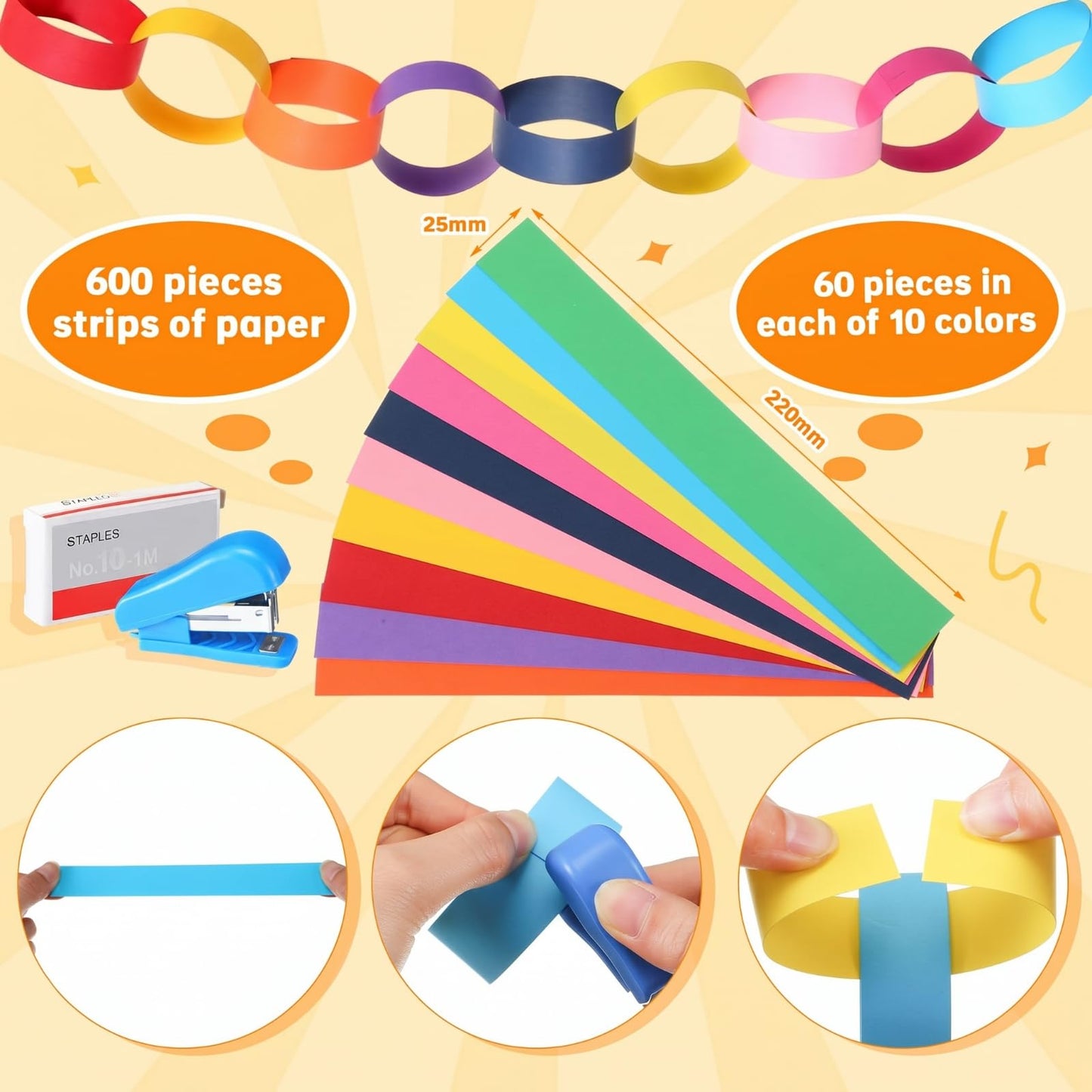 Teyva Daily Rainbow 665 Pcs Birthday Party Decor Kit 600 Sheets Paper Chain Garland 10 Rolls 330 ft Pastel Crepe Paper 50 Balloons 4 Star Stripe and Stapler Set DIY Hanging (0.98" X 8.66")