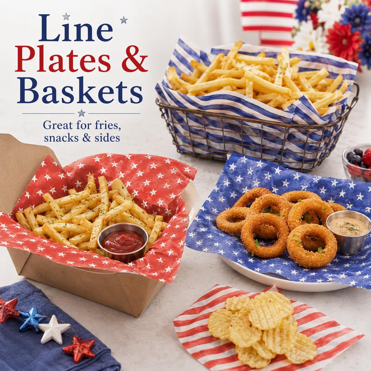 240 Sheets Watercolor Patriotic Wax Paper for Food Deli, 9.8 x 8.3'' Seamless Blue Red Stars Stripes Greaseproof Wrapping Paper for 4th of July Sandwich Picnic Basket Liner Party Supplies
