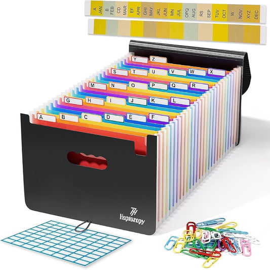 26 Pockets Plastic Accordion File Organizer, Expanding File Folder Organizer, A4 Letter Size Filing Organizer with Colorful Tabs, Elastic Cord, 60 Paper Clip, Label & Stickers for Office School Home
