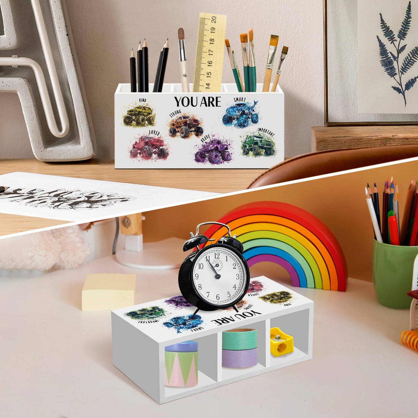 nvucamd Inspirational Monster Trucks Pen Pencil Holder for Desk, Motivational Office Desk Accessories, Boys Kids Positive Truck Pen Holders Organizer for Classroom Bathroom, You Are Kind