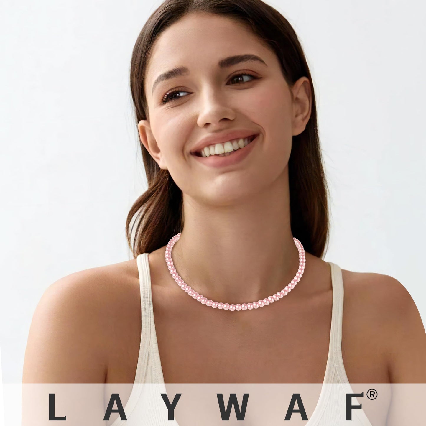 LAYWAF Pink Imitation Pearl Necklaces for Women Mom, 6MM Fake Pearl Choker Necklace, Beaded Necklace Faux Pearl Costume Pearl Necklace, Wedding Costume Jewelry