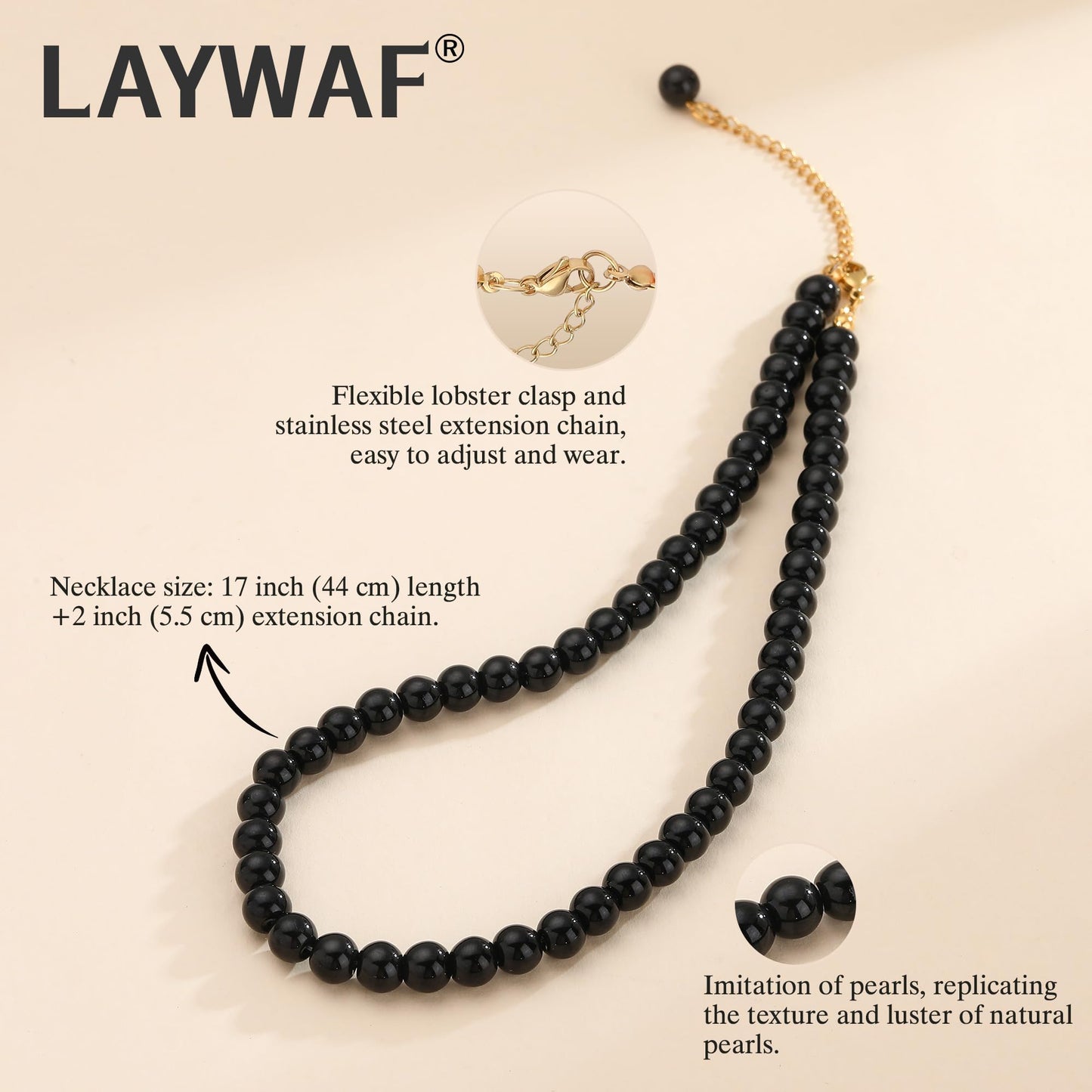 LAYWAF Imitation Pearl Black Necklace for Women Mom, Fake Pearl Choker Necklace, 8MM Beaded Necklace, Simple Faux Pearl Accessories Costume Jewelry