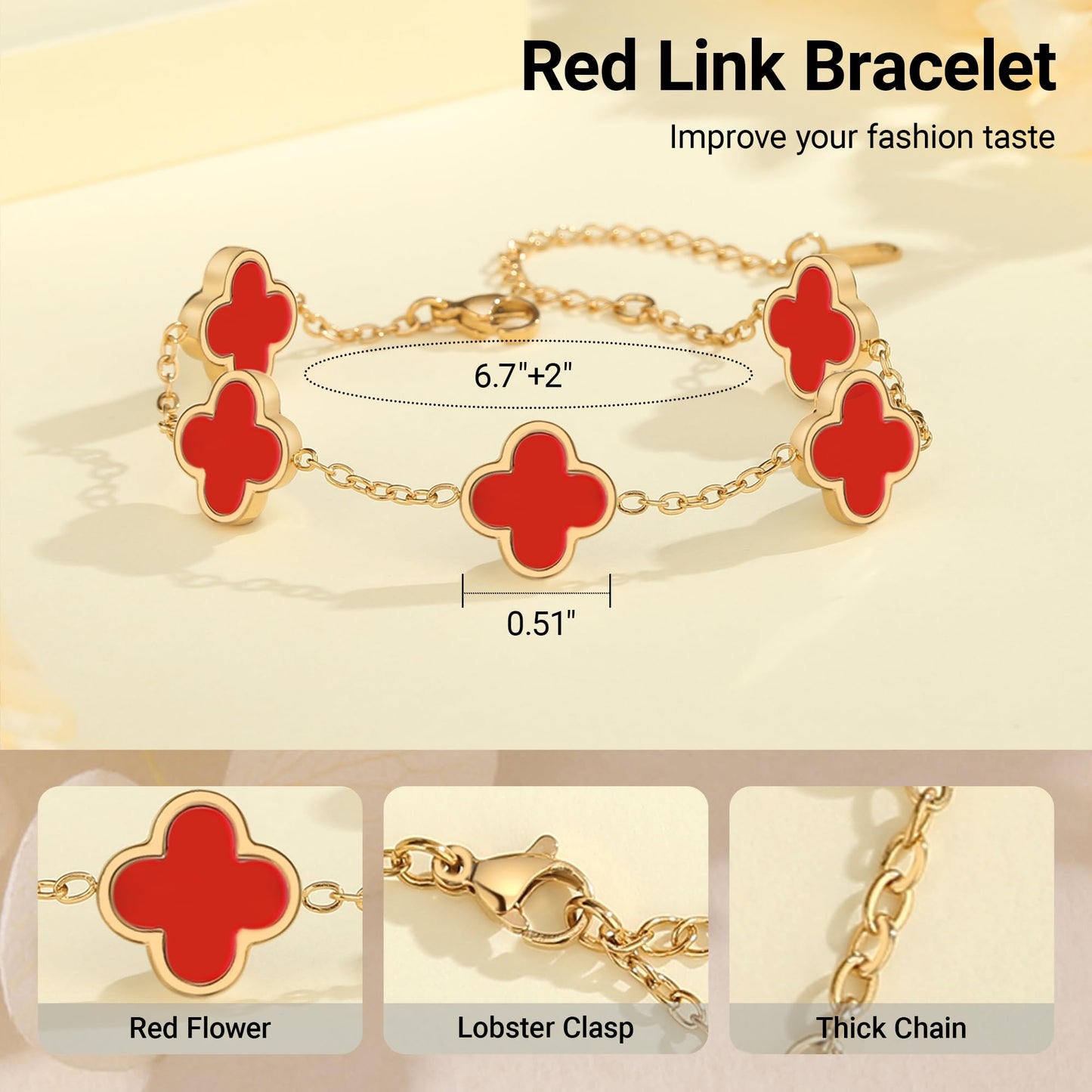 CORSMGSE 18K Gold Plated Clover Lucky Bracelet for Women Gold White Black Pink Green Red Blue Adjustable Double Sided Flower Four Leaf Link Bracelets Trendy Jewelry Gifts for Women Men