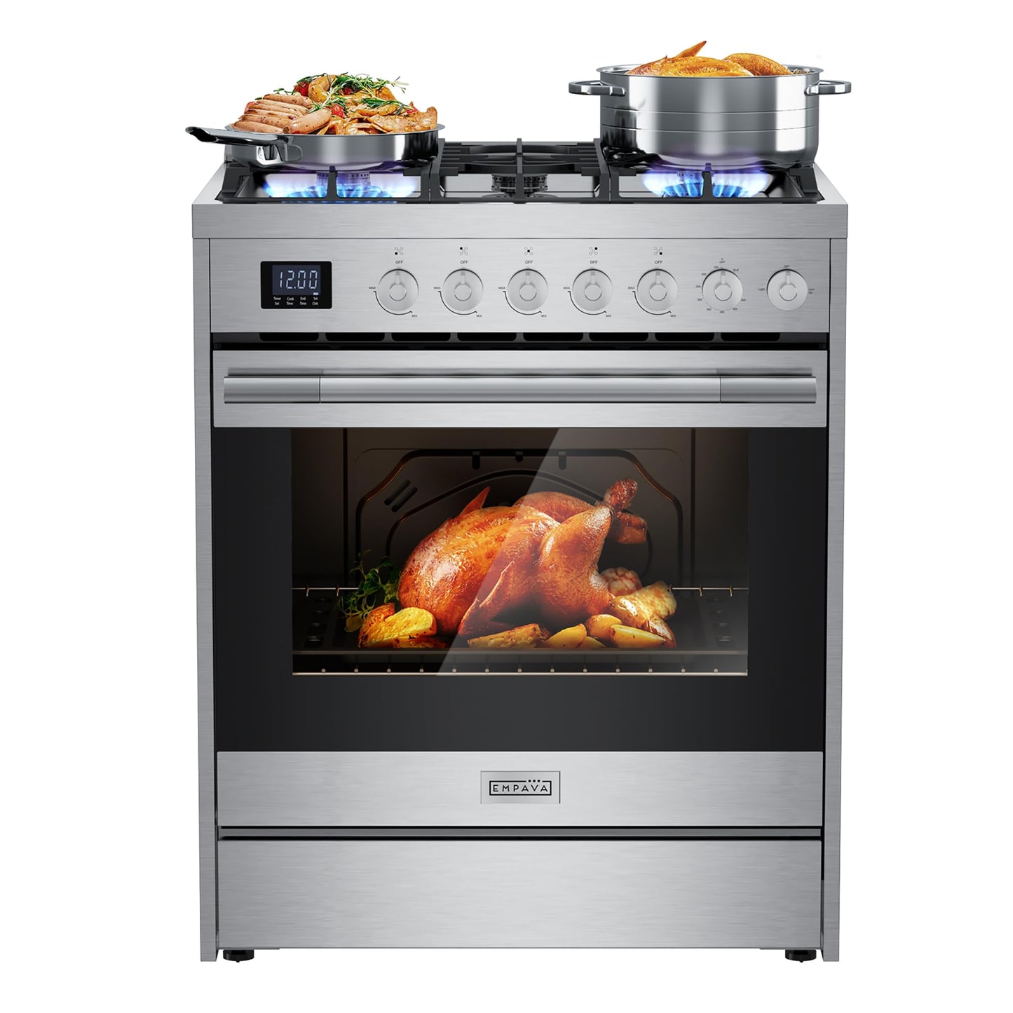 Empava Gas Range, Convection Oven 5.0 Cu. Ft with Touch Timer, 5 Deep Recessed Burners Cooktop, Heavy Duty Continuous Grates in Stainless Steel, Freestanding & Slide-in,30 Inch
