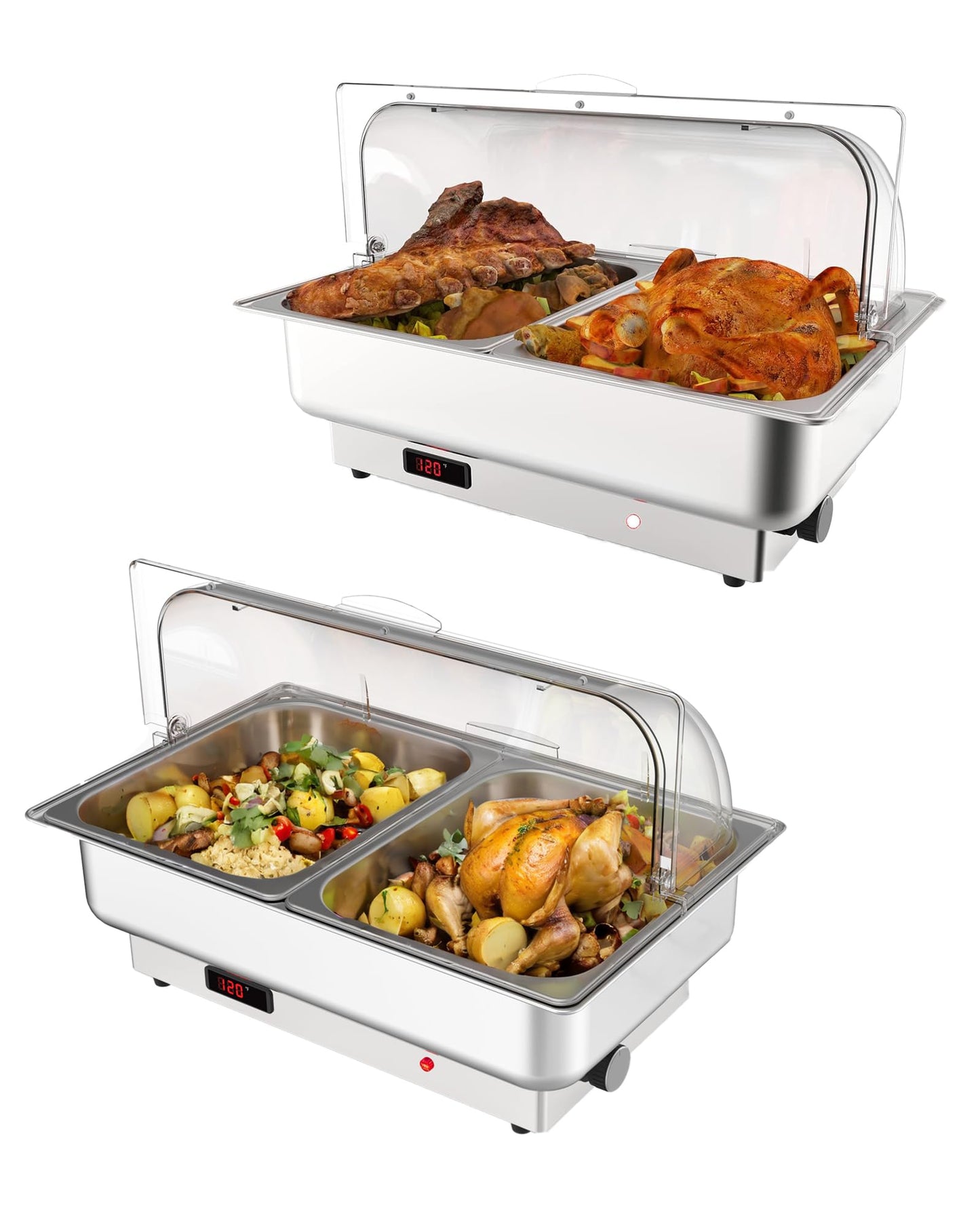 2 PACK Electric Chafing Dishes Adjustable Temp Roll Top Food Warmer with 2 x 4.5 QT Size Pans, Stainless Steel Buffet Servers and Warmers, Temp Display Food Warmer Transparent Lid Chafers for Parties