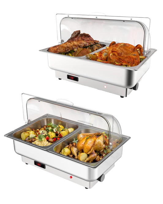2 PACK Electric Chafing Dishes Adjustable Temp Roll Top Food Warmer with 2 x 4.5 QT Size Pans, Stainless Steel Buffet Servers and Warmers, Temp Display Food Warmer Transparent Lid Chafers for Parties