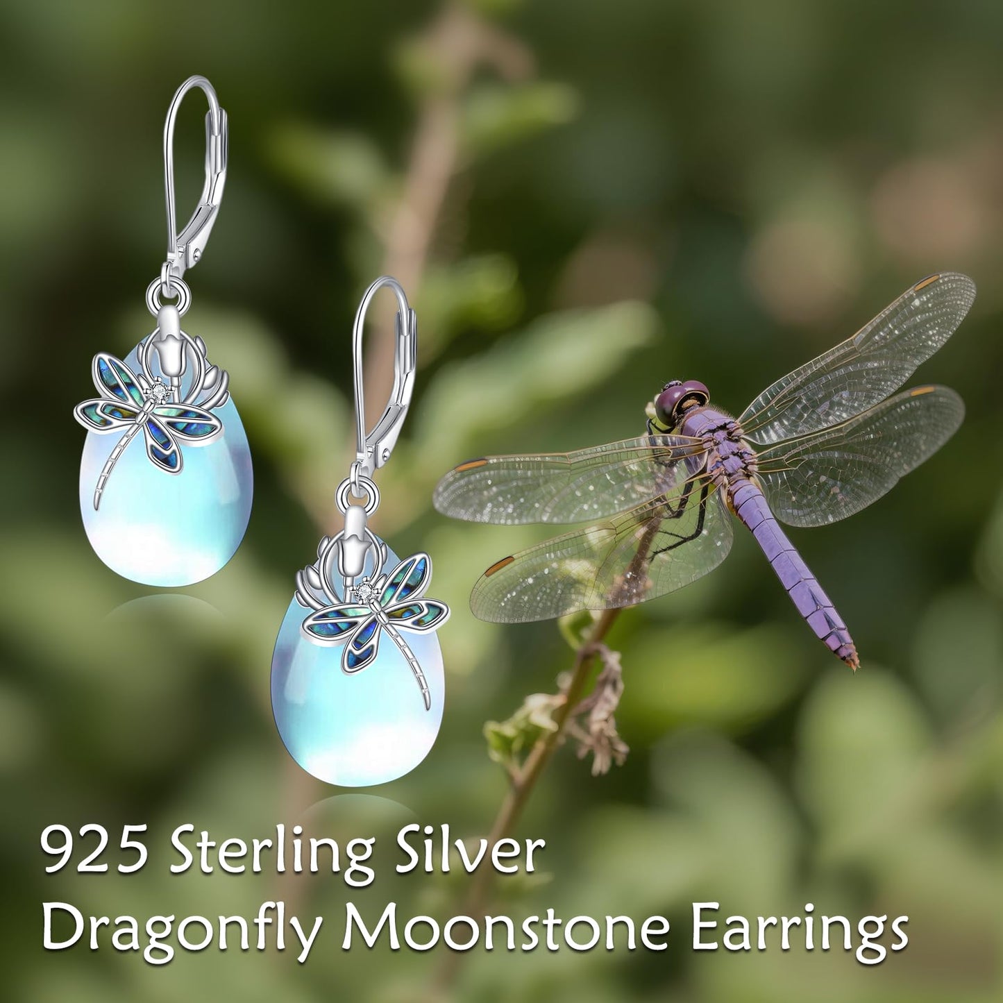 TIGER RIDER Bee/Butterfly/Scorpion/Cactus/Leaf/Beetle 925 Sterling Silver French Clasp Leverback Earrings Amber/Crystal/Citrine/Moonstone/ Obsidian/Jade/Rose quartz Pendant Jewelry Gift for Women (moonstone-dragonfly)