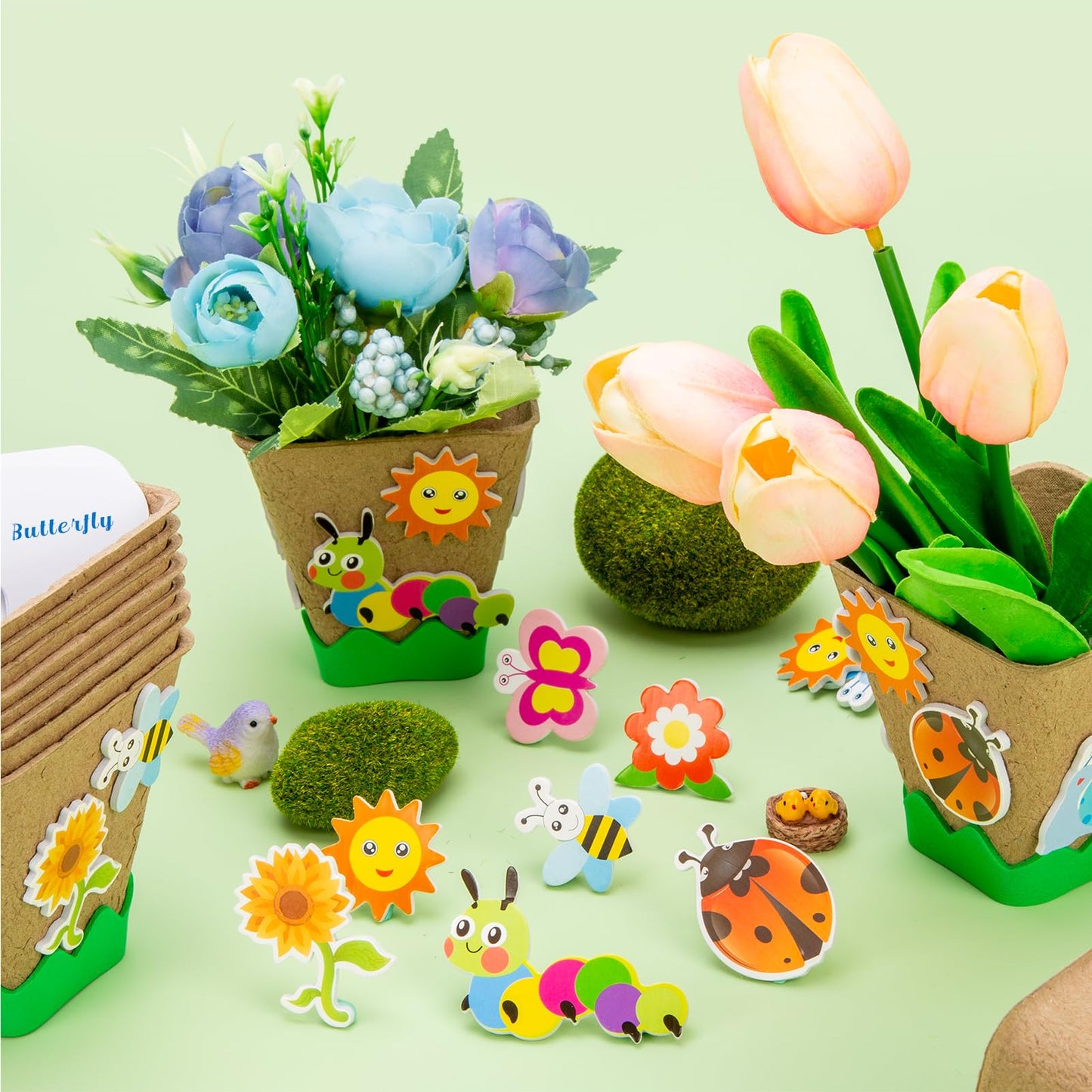 Ayfjovs 30 Pack Garden Paper Pot Craft Kit, Square Plant Pots with 120 PCS Adhesive Foam Stickers & 30 PCS Plant Pots Labels, Plant Craft for Classroom DIY Planting, Kids Summer Craft, Father's Day