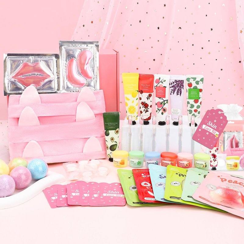 Ponhey 66 PCS Spa Party Supplies, Spa Party Favors Include Face Masks Skincare, Hand Cream, Lip Balm, Under Eye Patches, Lip Mask and Foot Bath Bombs, Spa Birthday Sleepover Party Supplies