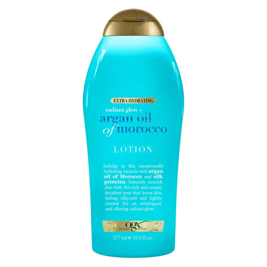 OGX Radiant Glow + Argan Oil of Morocco Extra Hydrating Body Lotion for Dry Skin, Nourishing Creamy Body & Hand Cream for Silky Soft Skin, Paraben-Free, Sulfated-Surfactants Free, 19.5 Ounce
