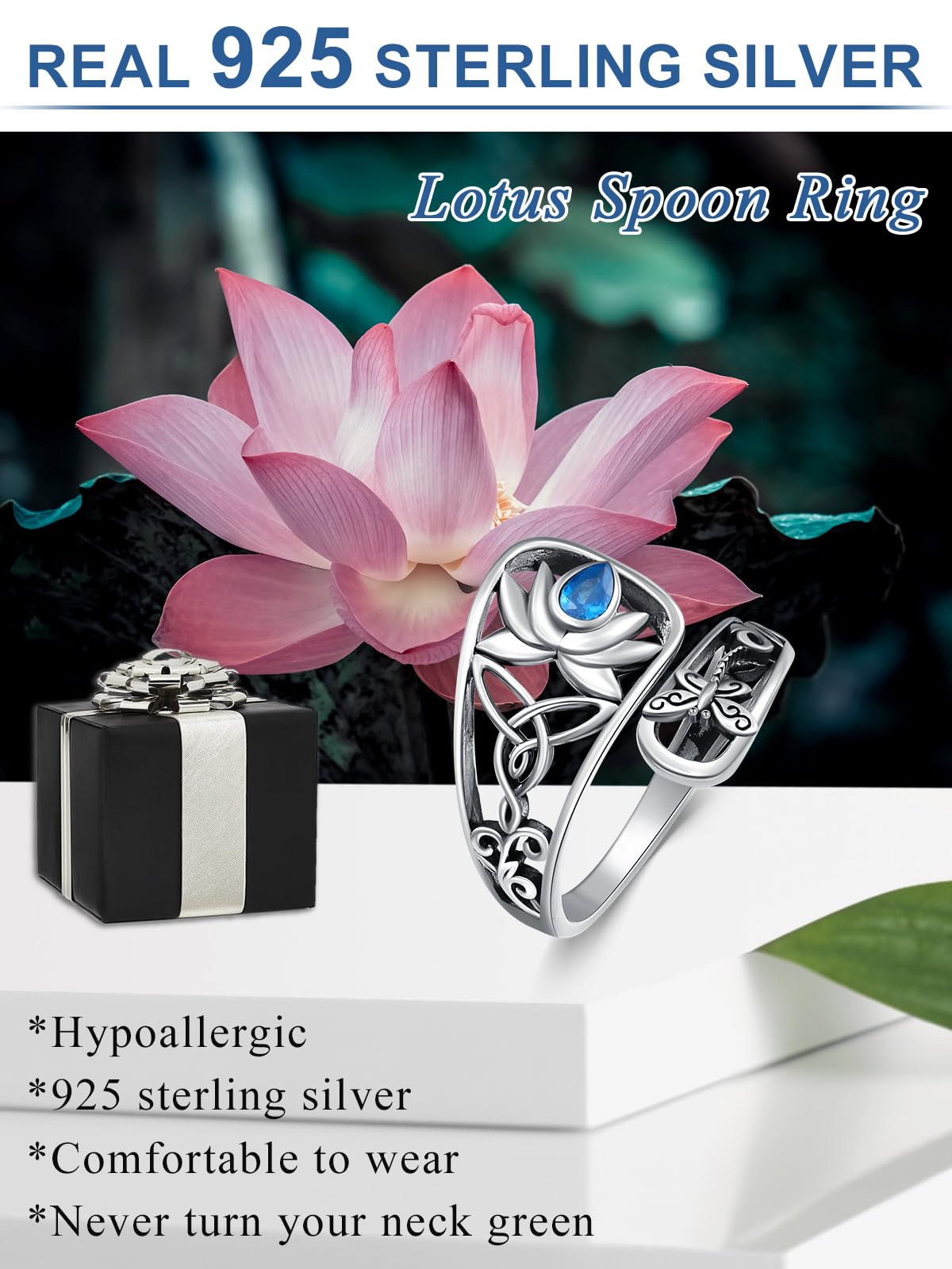 Midari Lotus Spoon Rings for Women 925 Sterling Silver Adjustable Open Lotus Flower Finger Thumb Rings Just Breathe Jewelry for Women Yoga Lovers Birthday Christmas Gifts (with Fine Box)