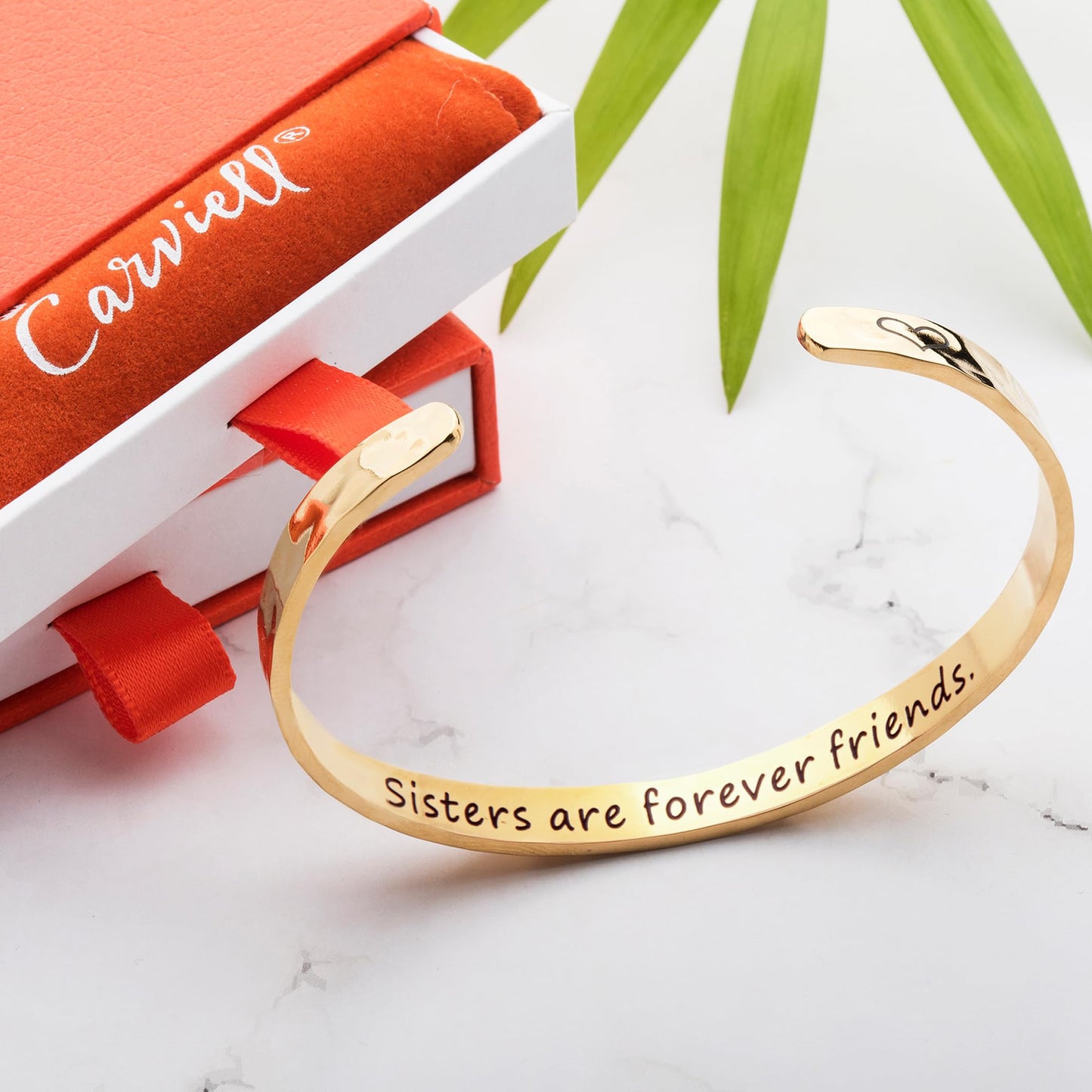 Carviell Bracelet – Gold Stainless Steel Cuff, “Sisters Are Forever Friends” Engraved Jewelry, Gift for Sister from Sister, Birthday, Christmas, or Friendship Present