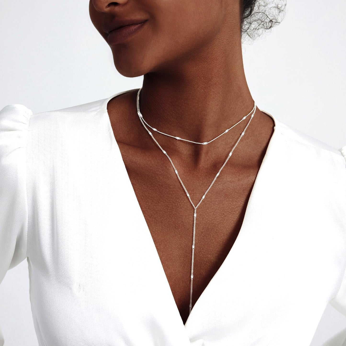 Zeffy Dainty Long Silver Necklaces for Women Trendy Lariat Y Necklace Layered Bar Drop Necklaces Simple Y-Shaped Chain Jewelry Gift