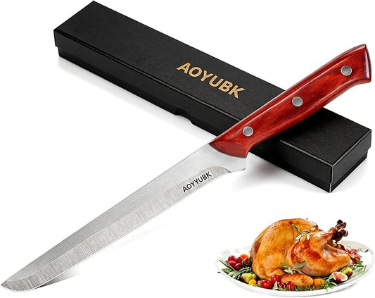 8" Carving Knife - Professional Brisket Slicing Knife for BBQ, Turkey, Ham | High Carbon Stainless Steel | Rosewood Handle | Gift Box Included