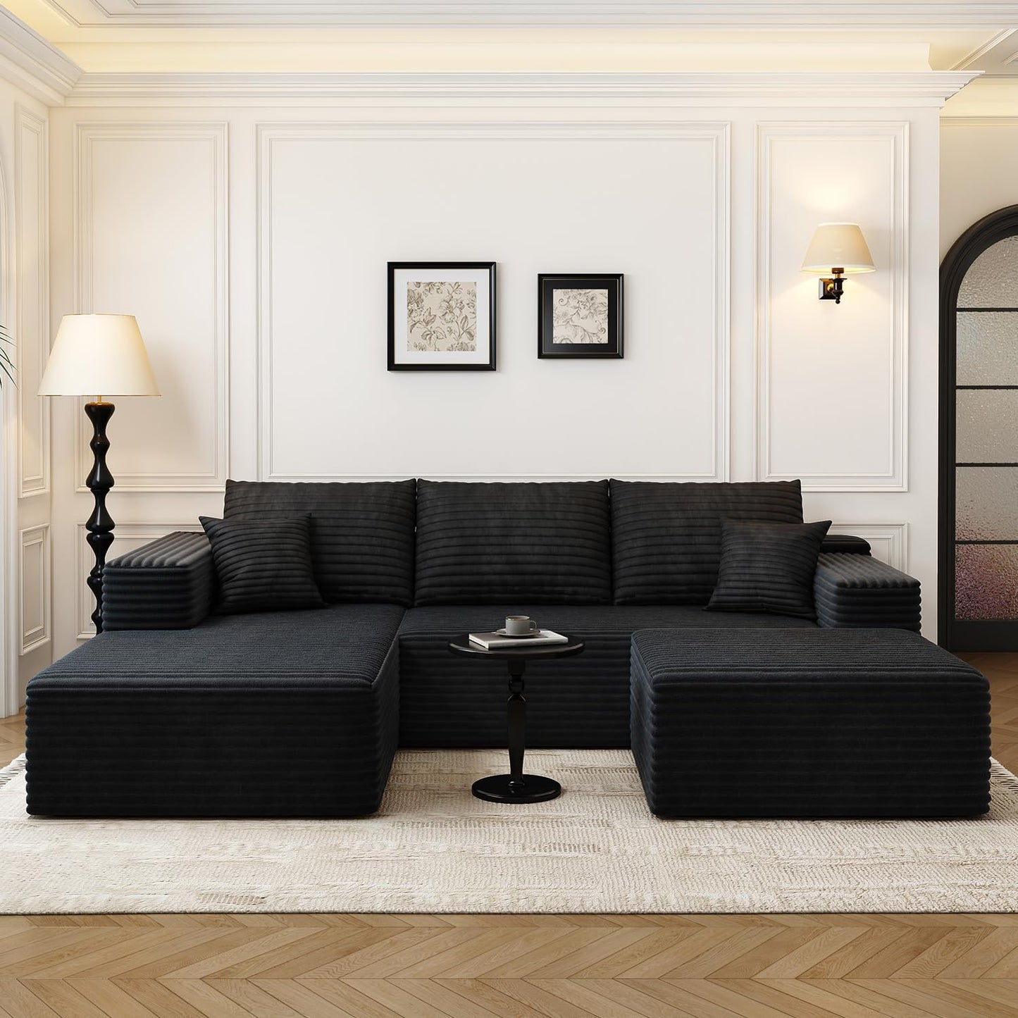 107.5" Cloud Modular Sectional Sofa with 1 Ottoman,Modern Minimalist Upholstered Couches, Comfort U Shaped Sofa for Living Room,Deep Seat Corner Couch，No Assembly Required (Black,Left Facing Chaise)