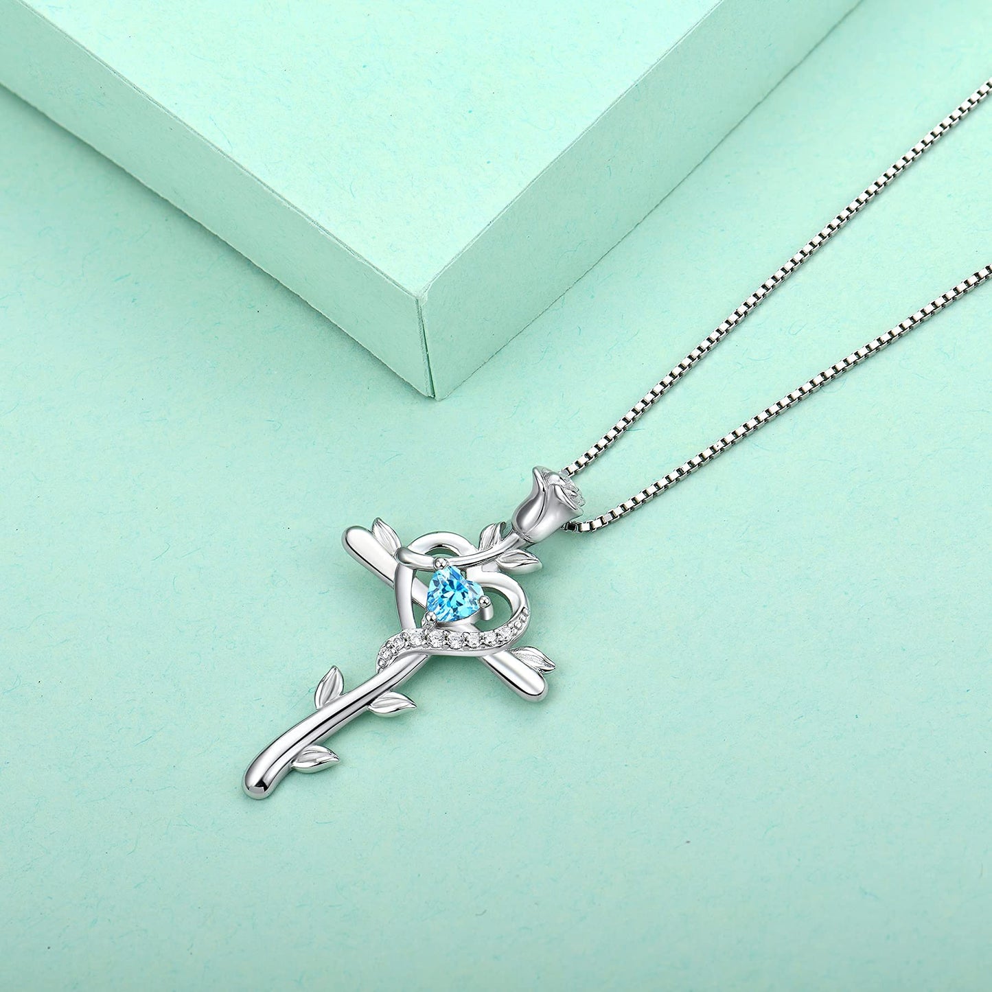 STARCHENIE Rose Cross Necklace 925 Sterling Silver Heart Crucifix Pendant Created Aquamarine Jewelry for Women