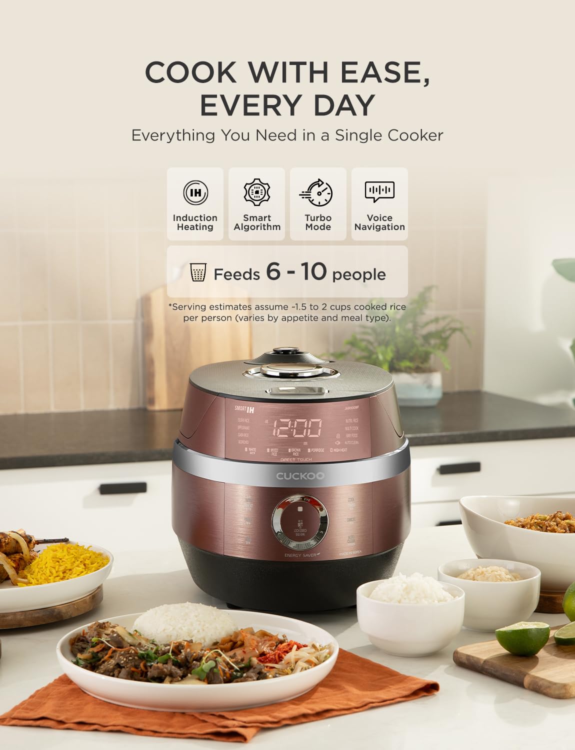 CUCKOO CRP-JHR1009F | 10-Cup (Uncooked) Induction Heating Pressure Rice Cooker | 19 Menu Options, Auto-Clean, Voice Guide, Made in Korea | Copper