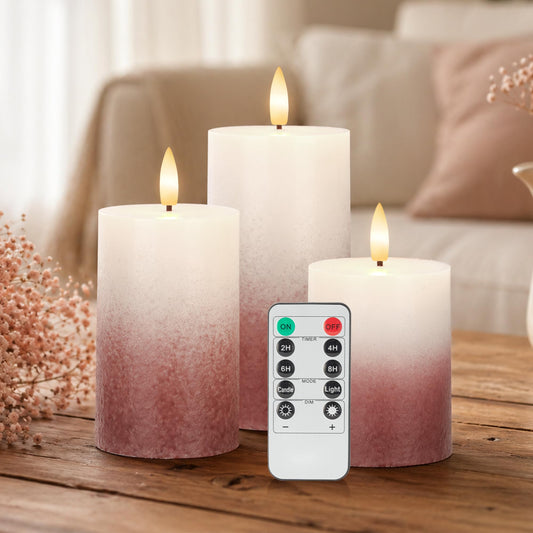 AFINETH Flameless Pillar Candles with Remote, Real Wax Flickering Battery Operated Candles, Brick Red Gradient LED Decorative Candles for Home Decor, Table, Fireplace Mantle, Set of 3