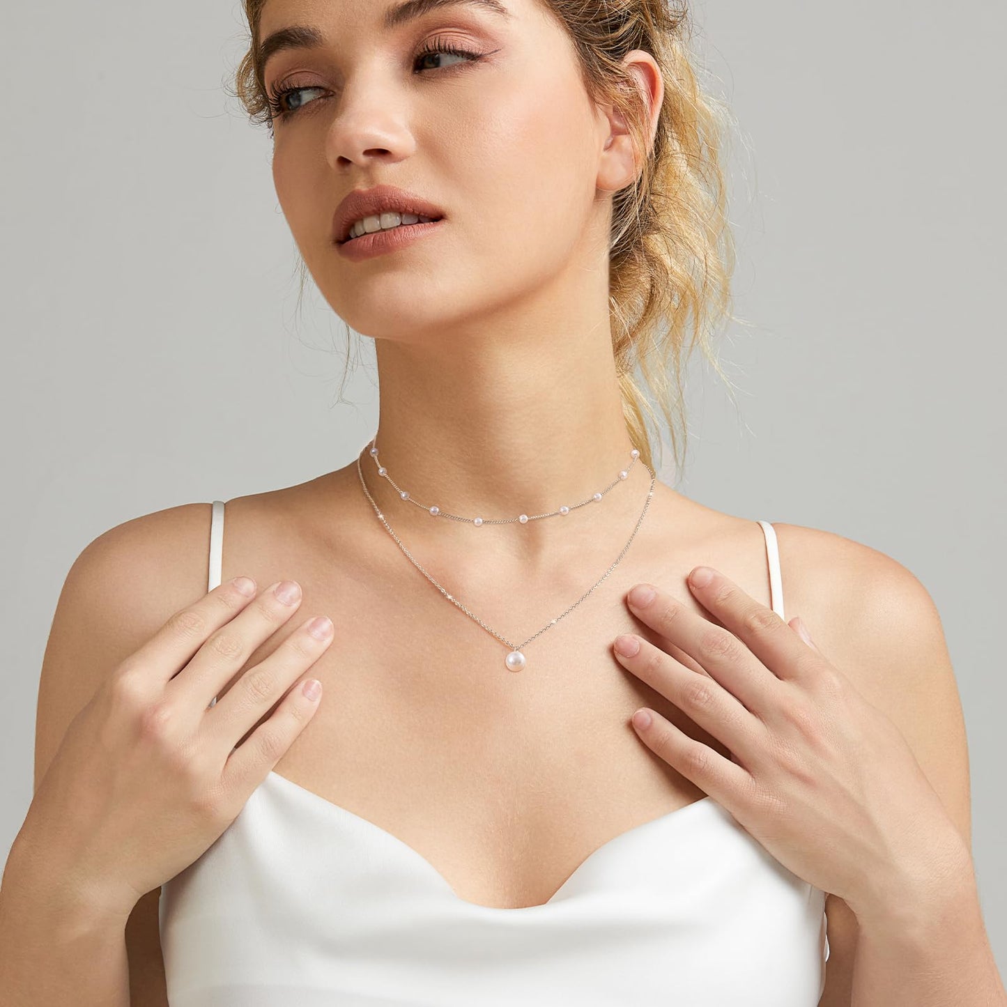 Zeffy Layered Silver Pearl Necklaces for Women Dainty Layered Tiny Single Pearl Choker Trendy Cute Silver Necklace Stack Wedding Jewelry Sets for Women Bridesmaid Gifts 2PCS