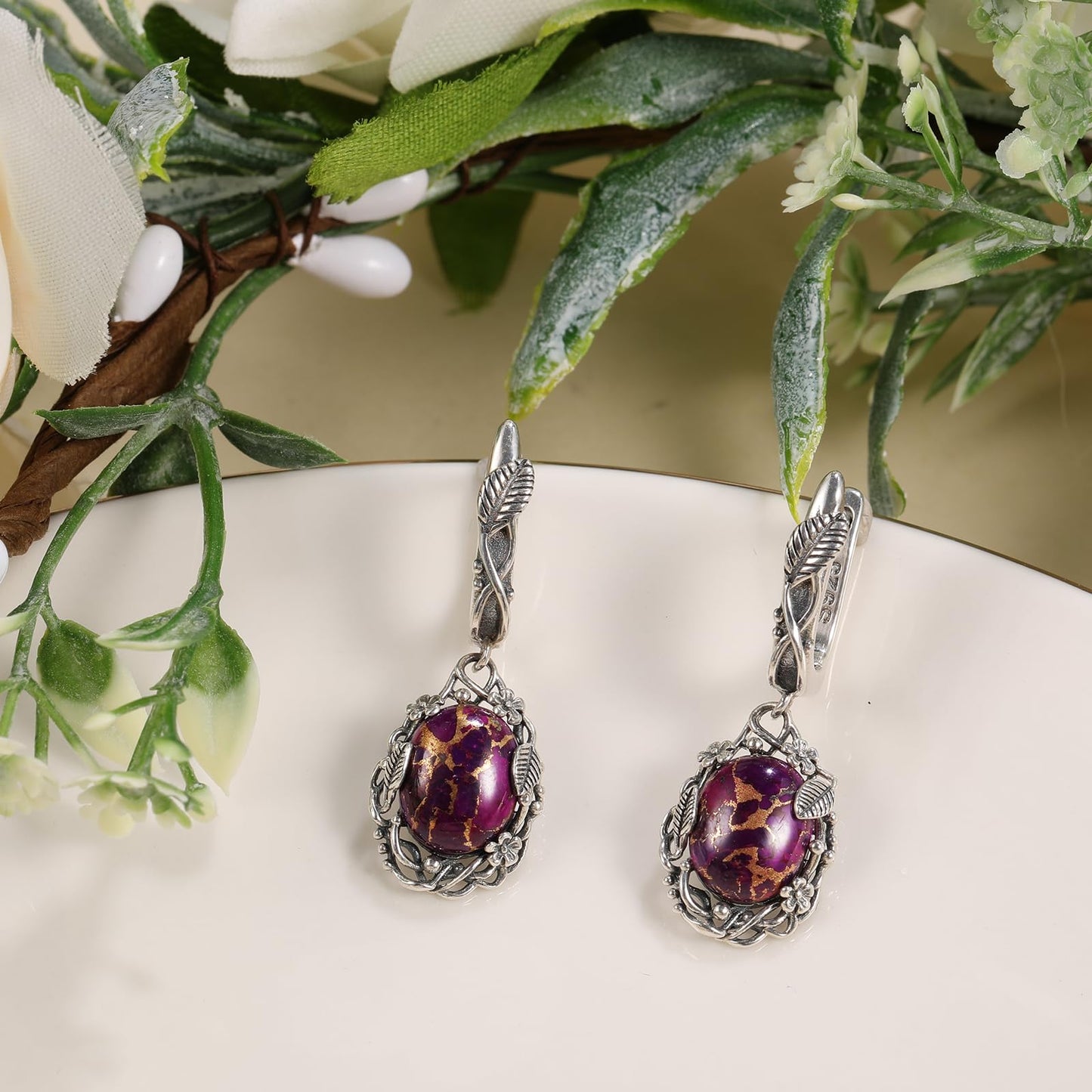 Phyonio Oval Purple Turquoise Dangle Earrings for Women Leaf Vine Flower Latch Back 925 Sterling Silver Earring Vintage Oxidised Bohemian Valentines Day Gift for Wife