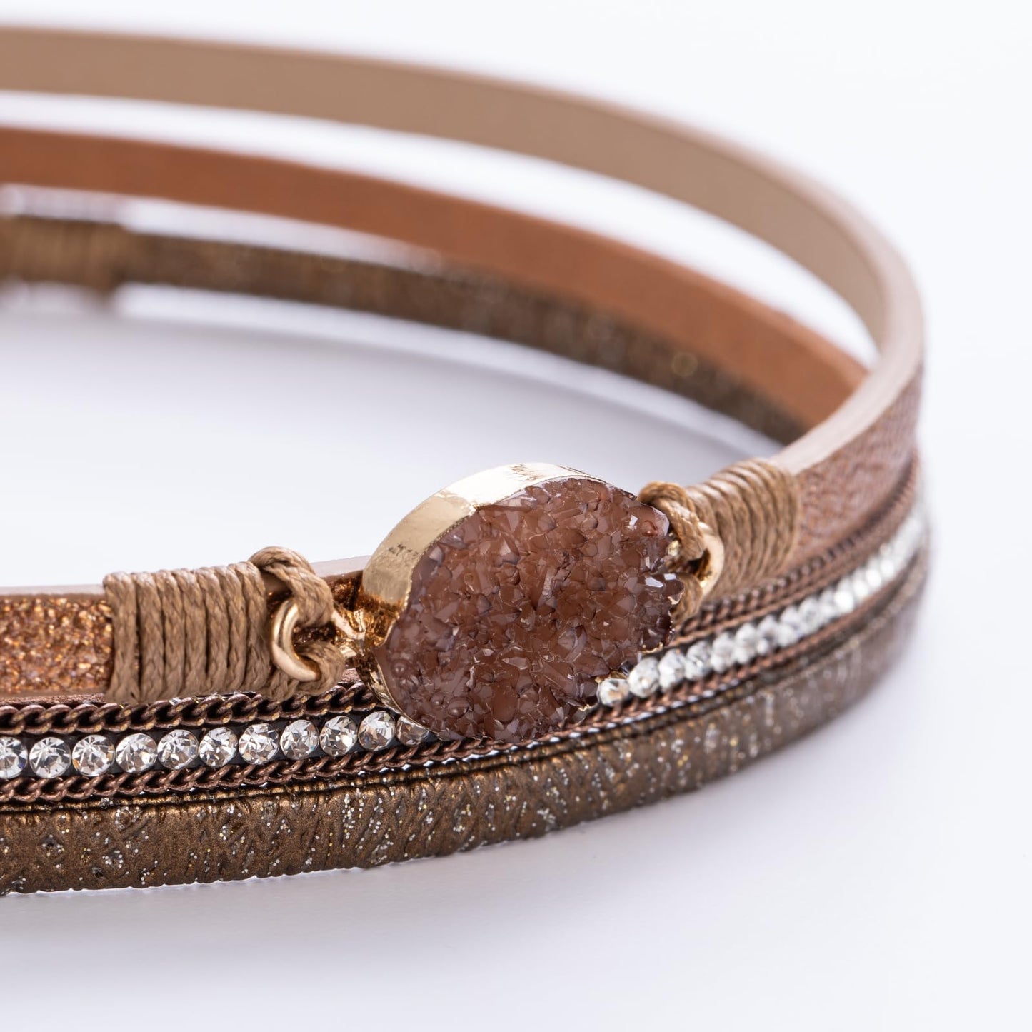 FANCY SHINY Boho Leather Wrap Bracelet Stackable Chunky Crystal Cuff Bracelets with Magnetic Clasp Cowboy Cowgirl Western Summer Beach Outfits Jewelry Gifts for Women (14.7", Brown)