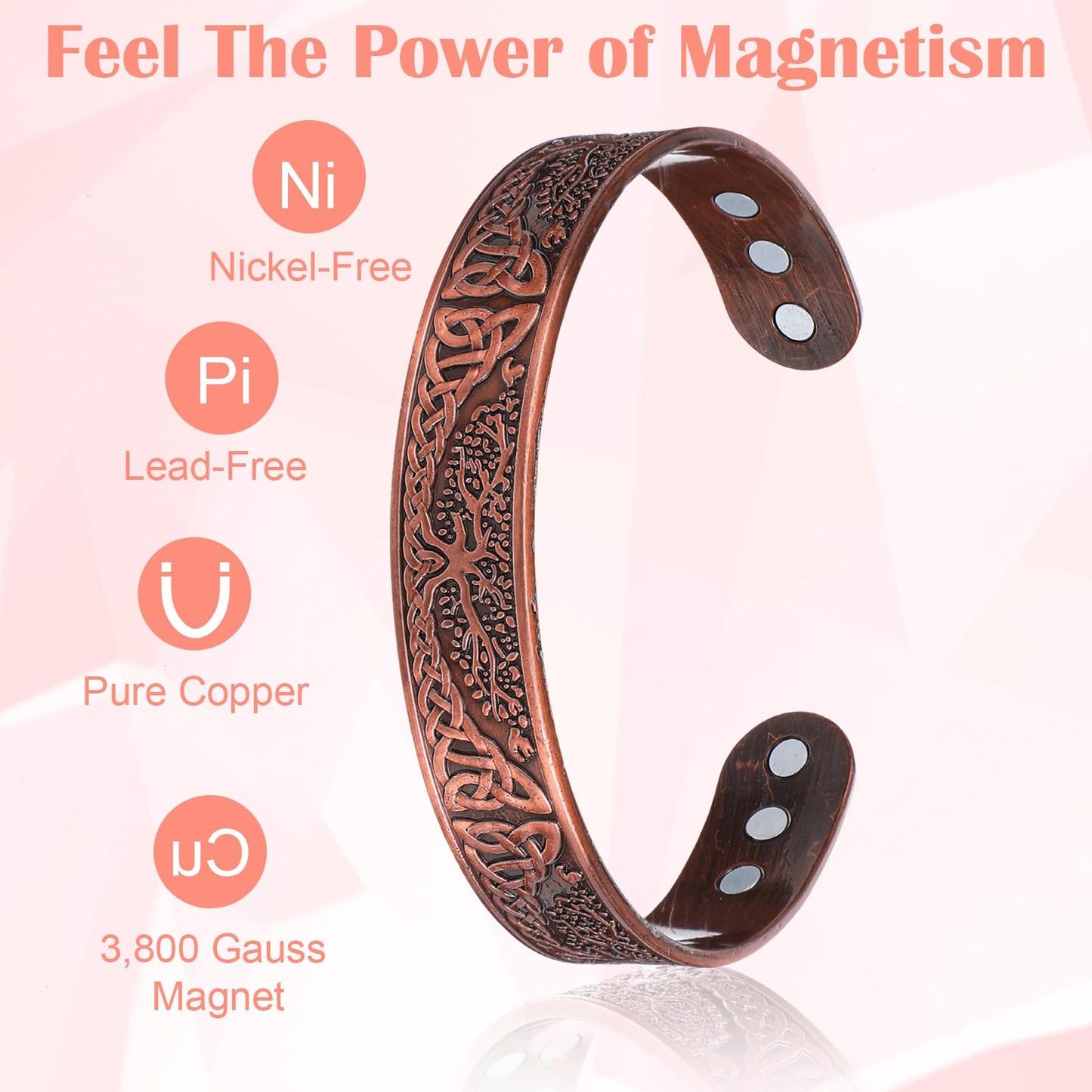 Heclia Copper Bracelet for Men and Women Pure Solid Copper 3500 Gauss Bracelet for Men 18X Strength Mens Bracelets with 6pcs Gauss Vintage Adjustable Jewelry Gift