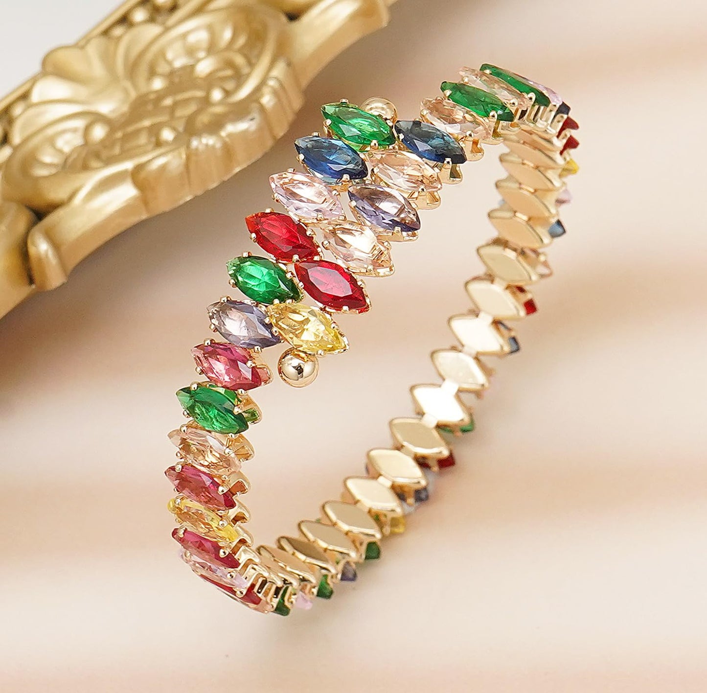 Wovanoo Rhinestone Cuff Bracelet Cubic Zirconia Tennis Bracelets Open Adjustable Bangle for Women Gold Colorful