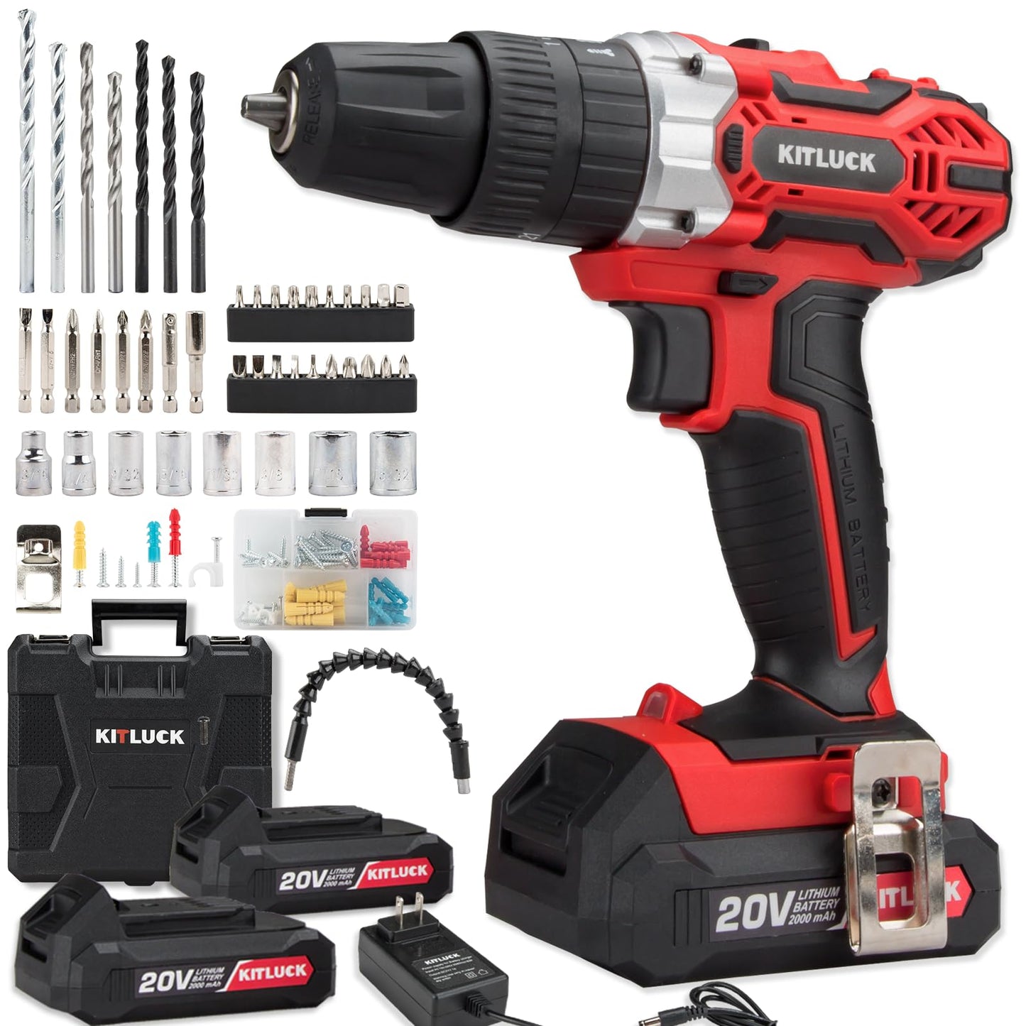 KITLUCK Cordless Drill Set, 20V Power Drill Kit Electric Drills with 2 X 2.0AH Battery, 44pcs Bits, 1 Box Screws, Bubble Level, 3/8'' Chuck Power Drill, 32NM, 21+3 Position, 2 Variable Speed