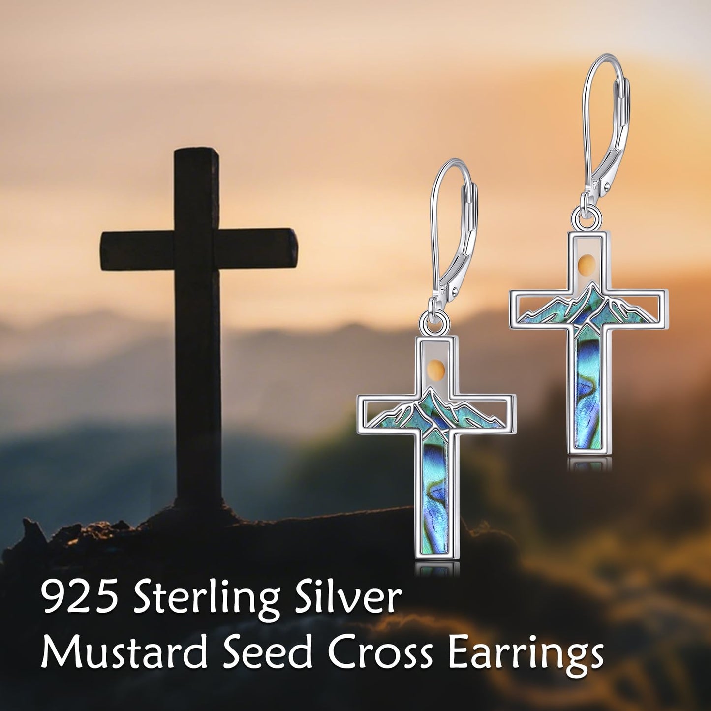 AOBOCO Cross Earrings for Women Sterling Silver Mustard Seed Mountain Dangle Earrings Christian Jewelry Mothers Day Birthday Gifts for Mom (Mustard Seed Cross)