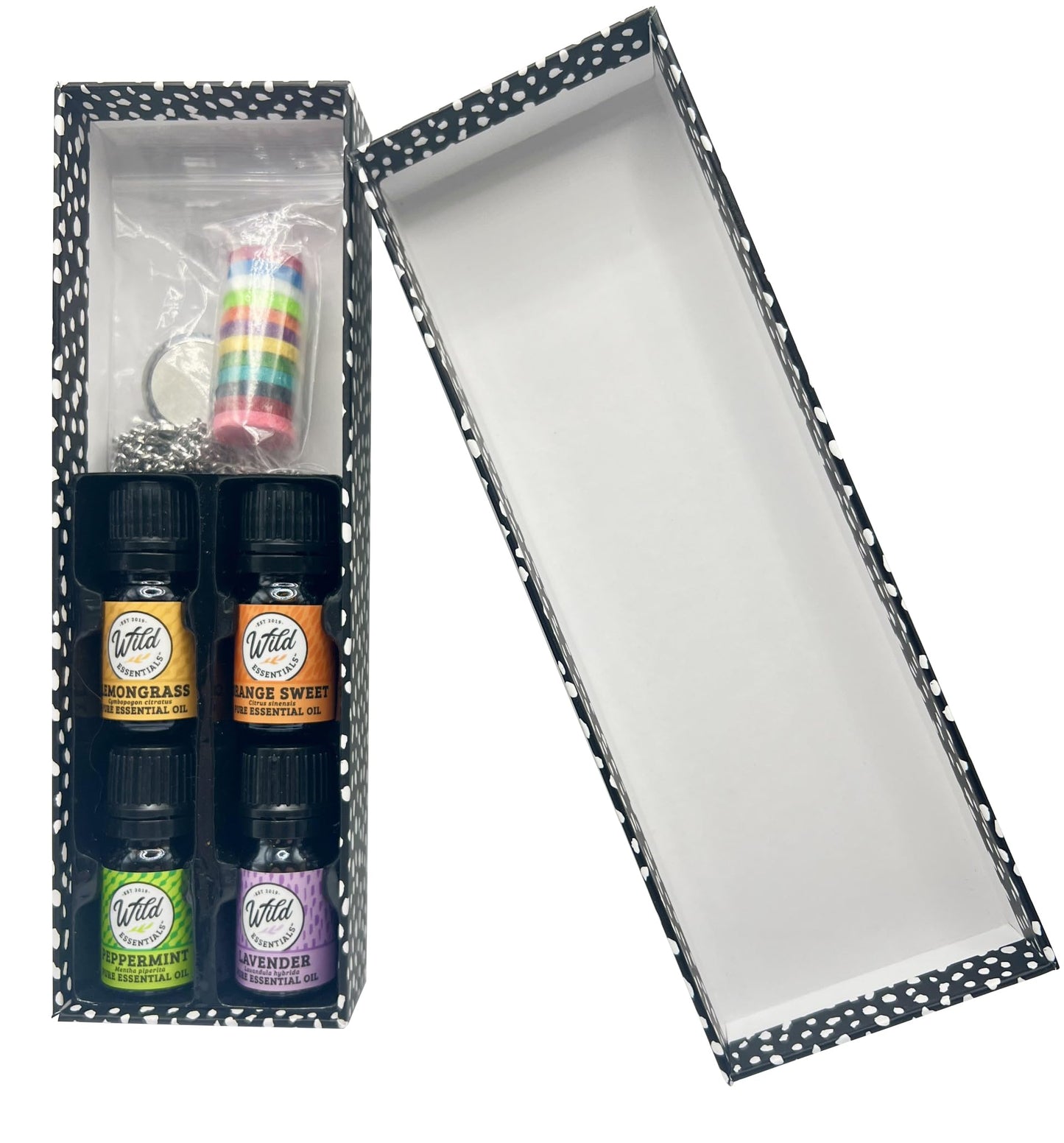 Wild Essentials Greek Key Necklace Essential Oil Diffuser Kit with Lavender, Lemongrass, Peppermint, Orange Oils, 12 Refill Pads, Calming Aromatherapy Gift Set, Customizable Color Changing, Perfume