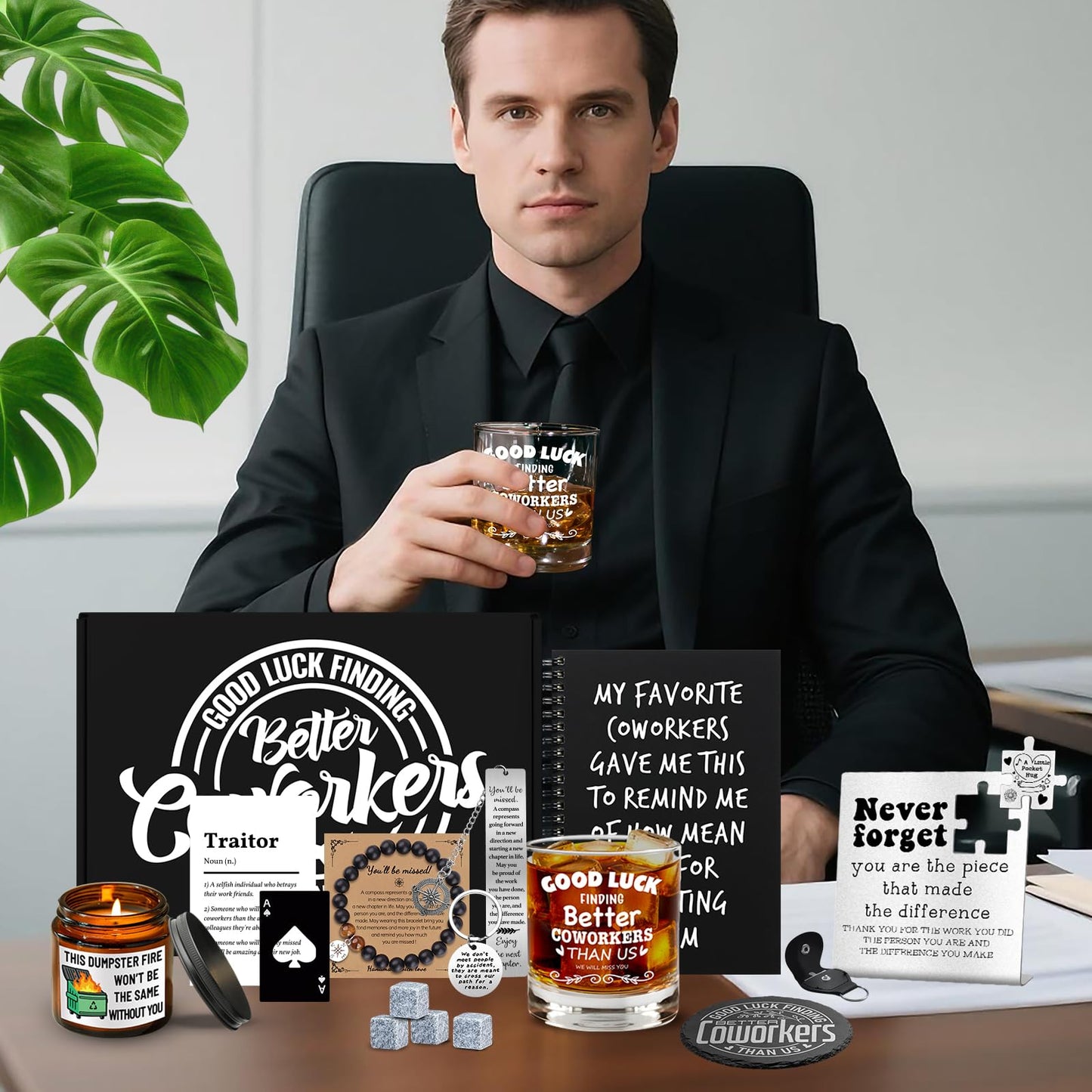 15 Pcs Coworker Leaving Gifts, Farewell Gifts, Going Away Gift with 11 Oz Whiskey Glass 4 Whiskey Stones Coaster Plaque Notebook Candle Bracelet, New Job, Good Luck Gift for Coworker Boss Friends Men