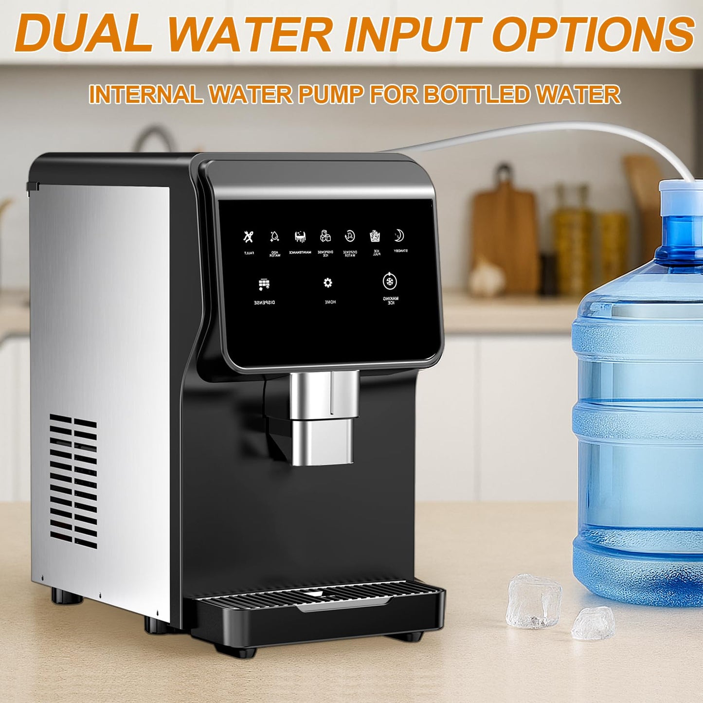 Nugget Ice Maker Countertop, 50LBS/24H, 5LBS Storage, 2-in-1 Ice Maker & Water Dispenser, Soft Chewable Pellet Ice, Stainless Steel, Self-Cleaning for Home Kitchen Office Bar
