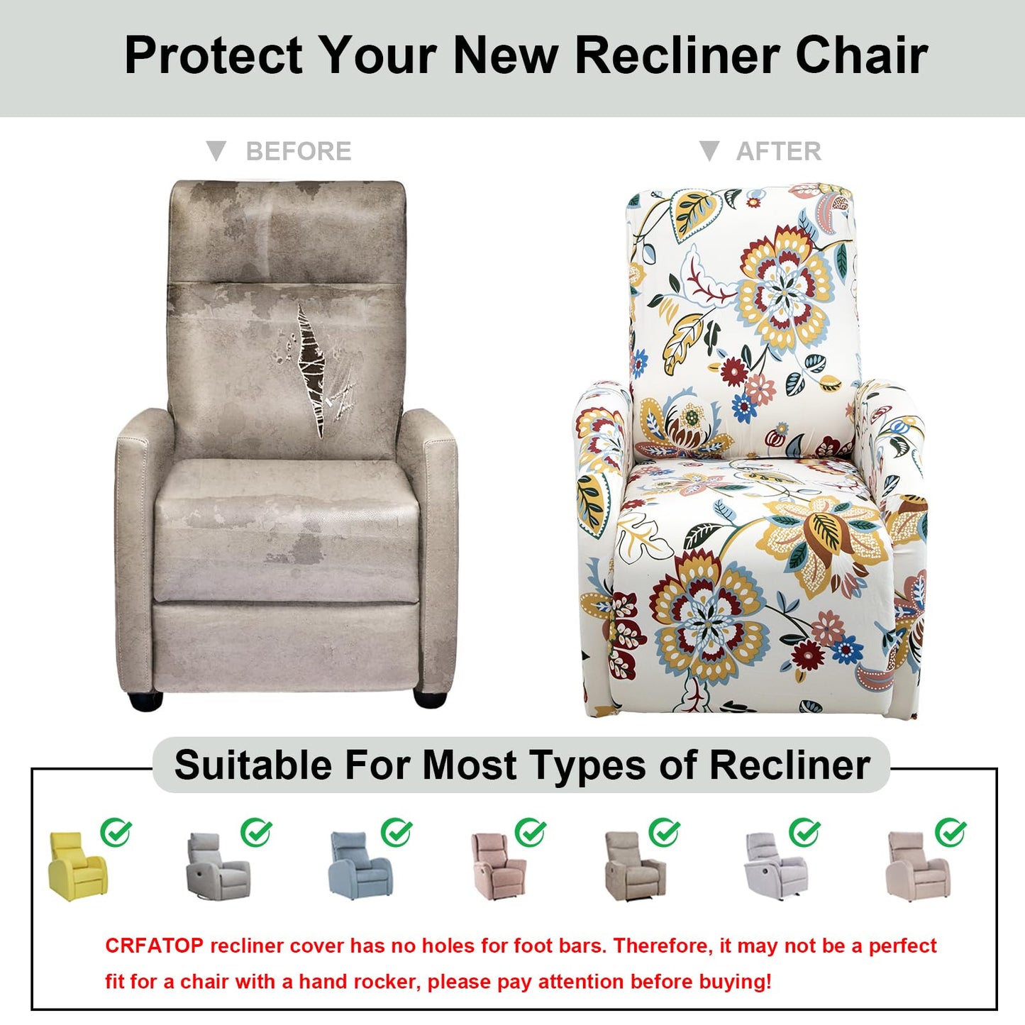 CRFATOP Recliner Chair Covers 4 Pieces Printed Small Reclining Slipcovers with Pocket Stretch Recliner Couch Slipcovers for Home Theater 1 Seat Recliner Sofa Cover for Kids Dogs Pets,01
