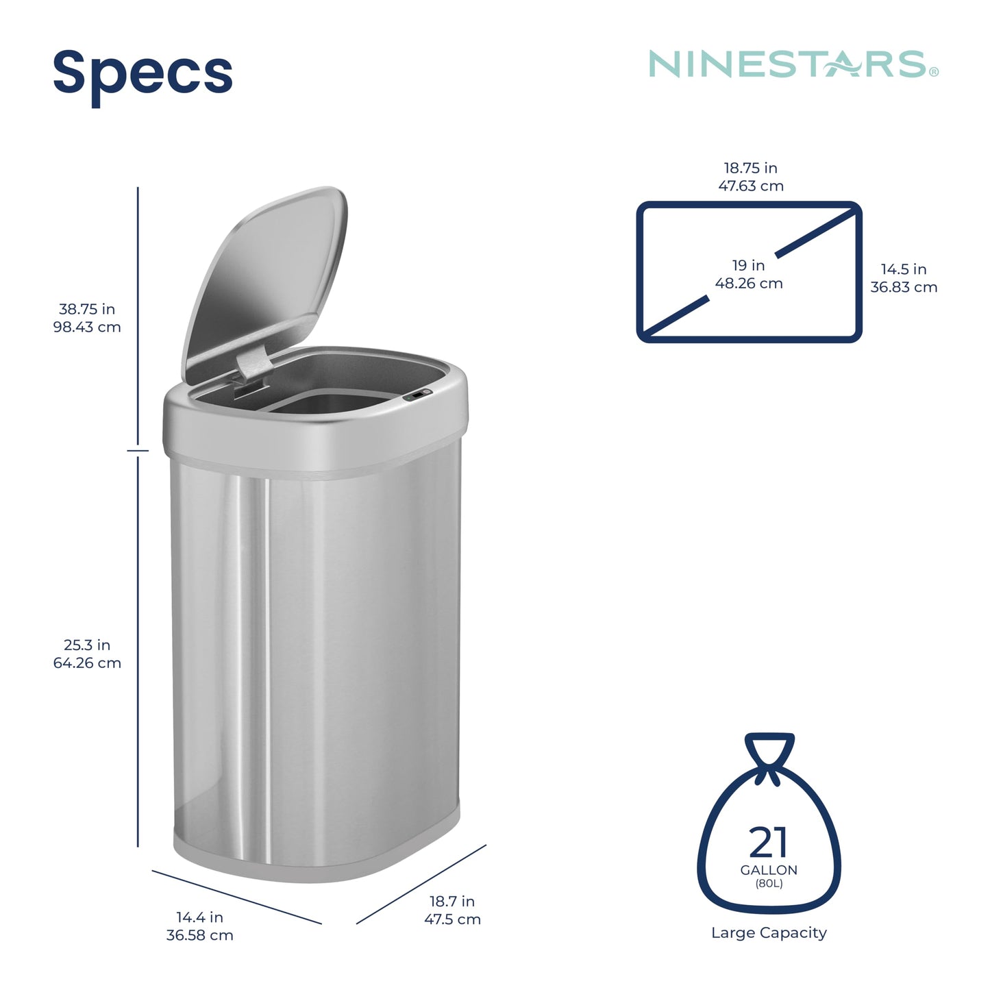 Ninestars DZT-80-24 Automatic Motion Sensor Trash Can with Adjustable Sensor Range, Stainless Steel Base, Silver Lid, 21 Gallon