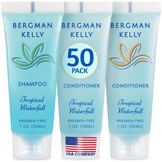 Bergman Kelly - Travel Shampoo and Conditioner Set - 1 fl oz, 100 Pieces, Tropical Waterfall - Delight Your Guests with Invigorating and Refreshing Hotel Toiletries and Guest Hospitality in Bulk