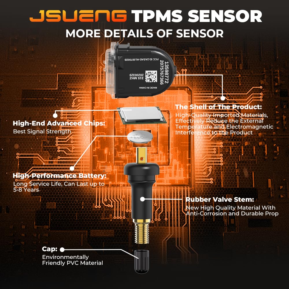 Jsueng 13598772 TPMS Sensor, GM Tire Pressure Monitoring System Sensor for Chevy Silverado Buick Cadillac GMC Hummer Saturn SAAB, 315mhz Replaces 13586335 13598771 13581558 Set of 4