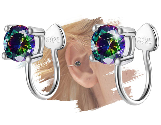 14K White Gold Plated Clip On Ear Cuffs - Rainbow Sterling Silver Round Cartilage Ear Cuffs with Cubic Zirconia Gifts for Women, Men, Teens, Boys, Girls