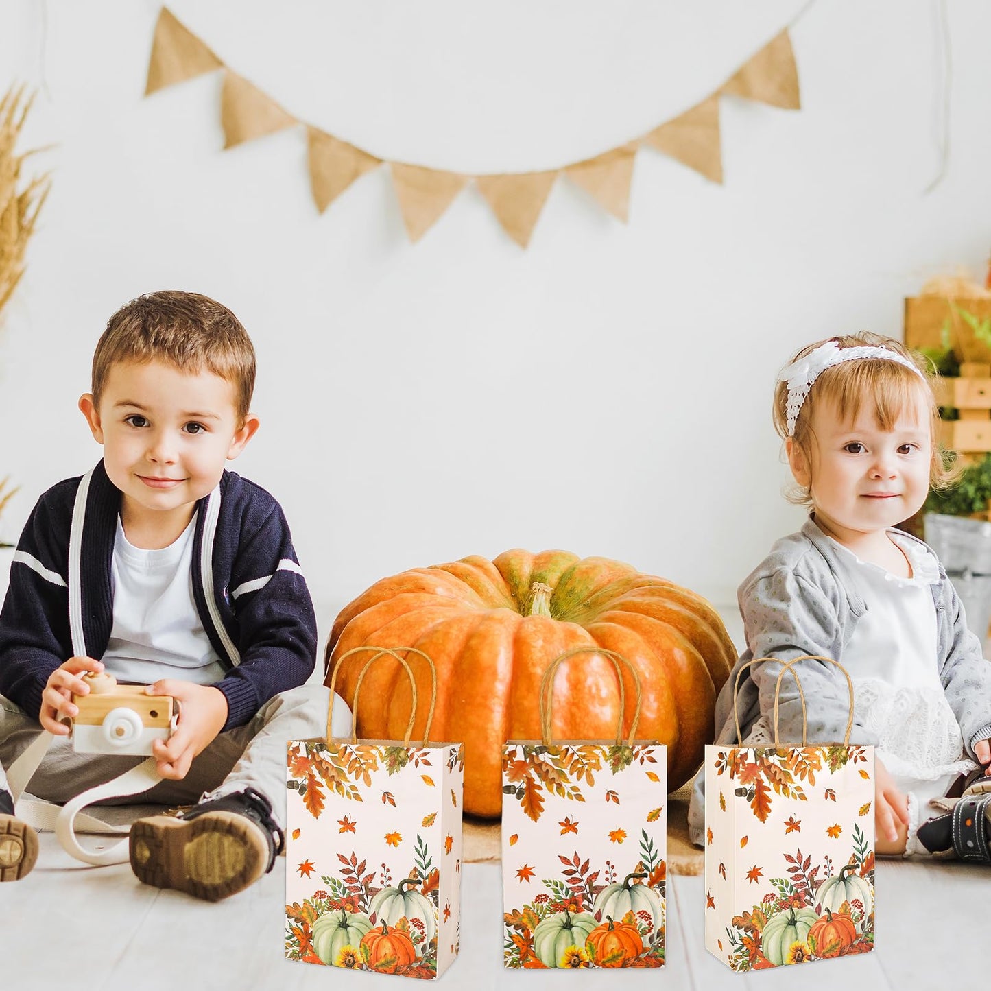 JarThenaAMCS 24Pcs Fall Kraft Paper Gift Bags Pumpkin Maple Leaves Treat Bags with Handles Grocery Shopping Bags Candy Goodie Bags for Autumn Thanksgiving Baby Shower Birthday Party Favors Supplies