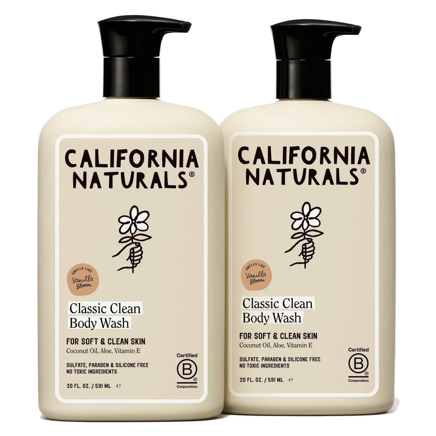 California Naturals Classic Clean Vanilla Bloom Body Wash 2-Pack, Daily Cleansing Body Wash for Soft Healthy Skin, Naturally Scented, Vegan, Cruelty, Paraben & Sulfate Free, 20 oz
