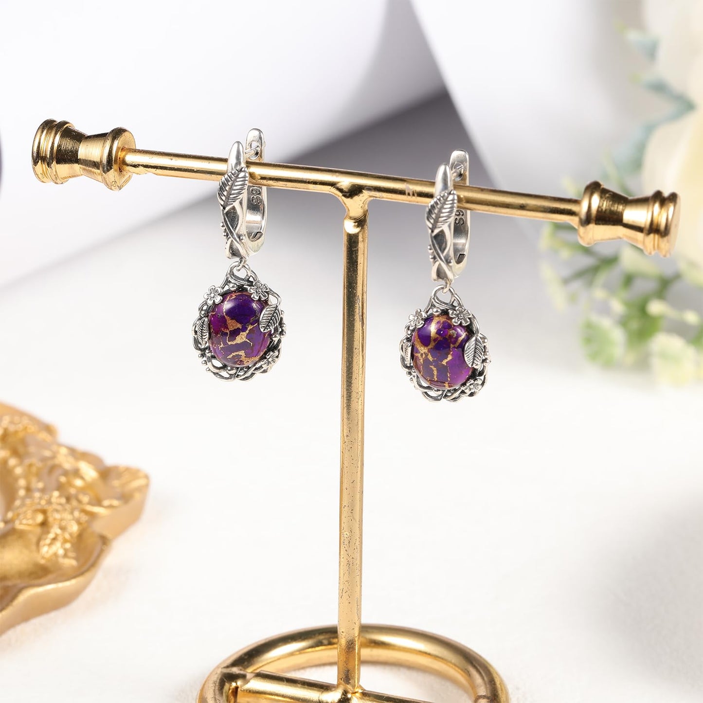 Phyonio Oval Purple Turquoise Dangle Earrings for Women Leaf Vine Flower Latch Back 925 Sterling Silver Earring Vintage Oxidised Bohemian Valentines Day Gift for Wife