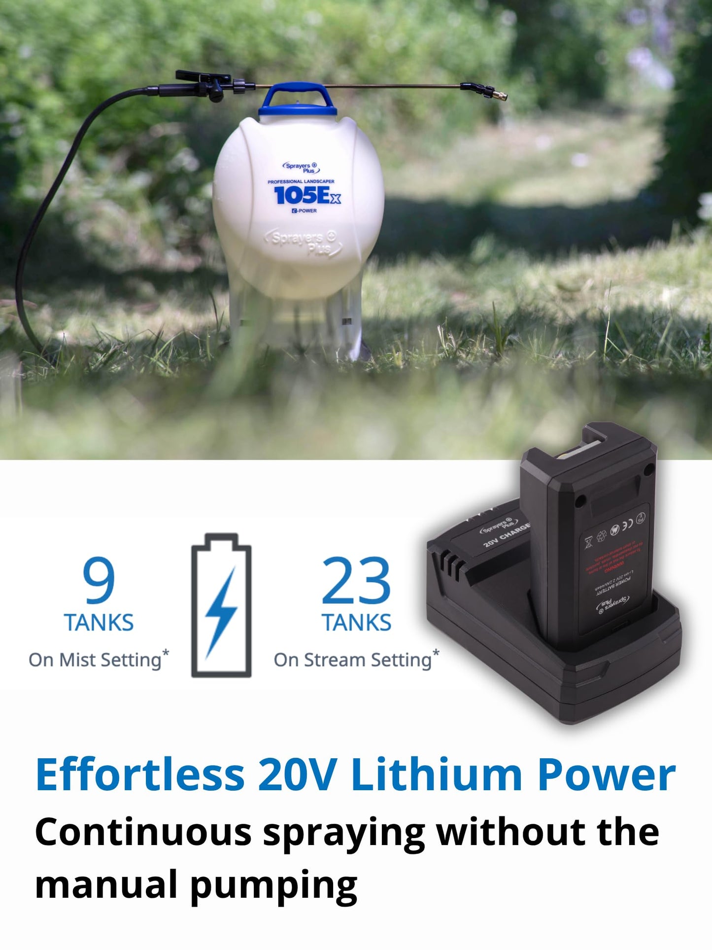Sprayers Plus 105ex Backpack Sprayer 4 Gallon Battery Powered, 20V Lithium Battery, Chemcial Resistant Viton Seals Brass Wand, Adjustable Nozzles for Lawn Care Gardening Weed Control