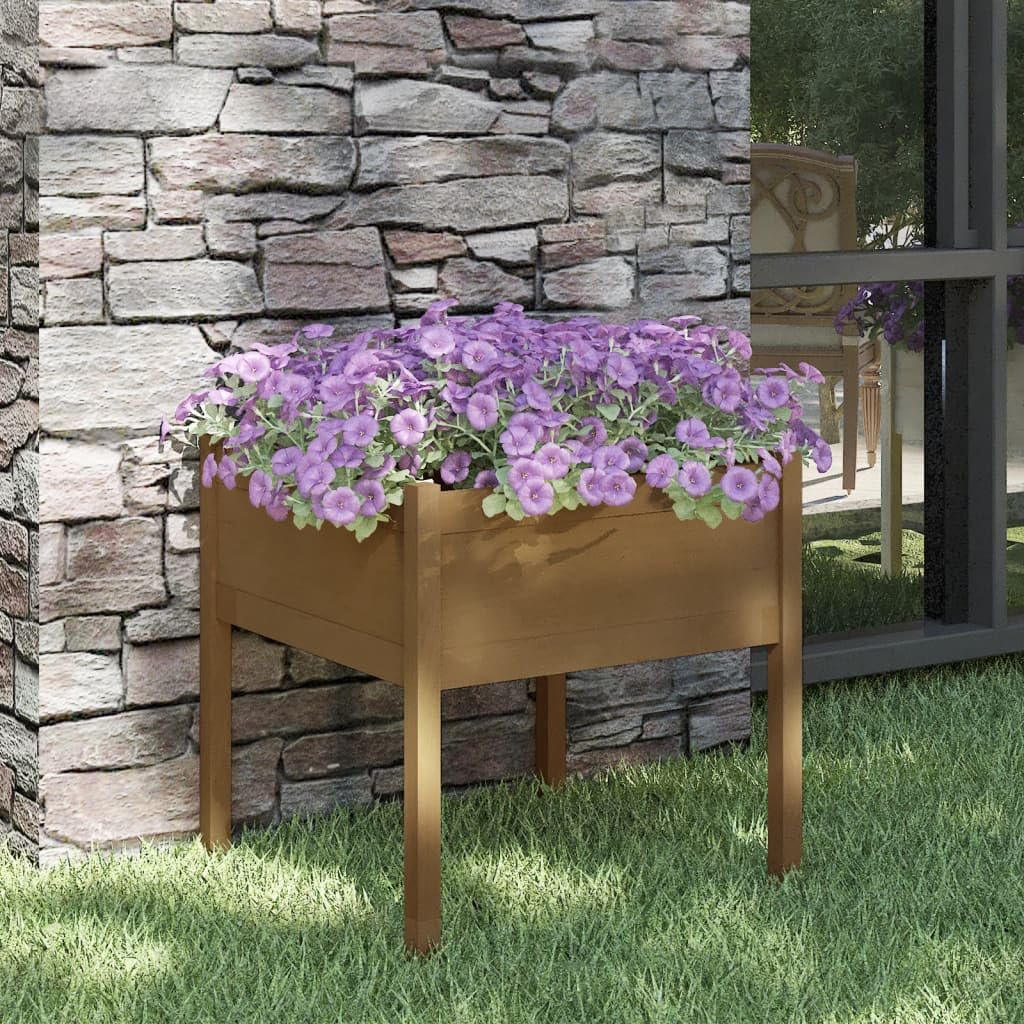 MBDRKVGF Square Garden Planter Box, Large Outdoor Plant Container for Flowers and Herbs, Rustic Solid Pine Wood Flower Bed, Honey Brown Finish, 27.6 x 27.6 x 27.6 Inches