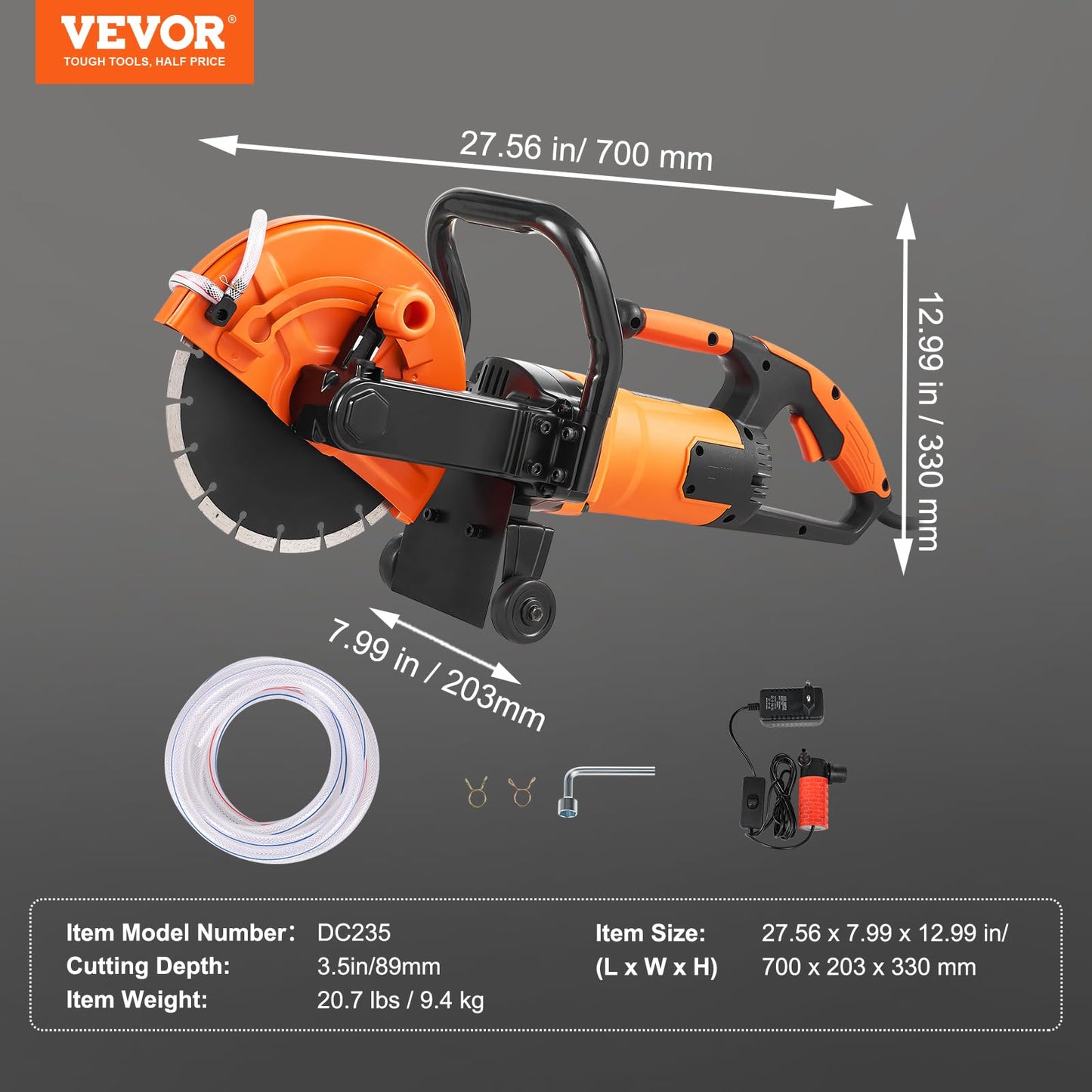 VEVOR Electric Concrete Cutter, 9 in Circular Saw with 3.5 in Cutting Depth, Wet/Dry Disk Cutter Includes Water Line, Pump and Blade, for Stone, Brick, Porcelain, Concrete, 1800W Motor