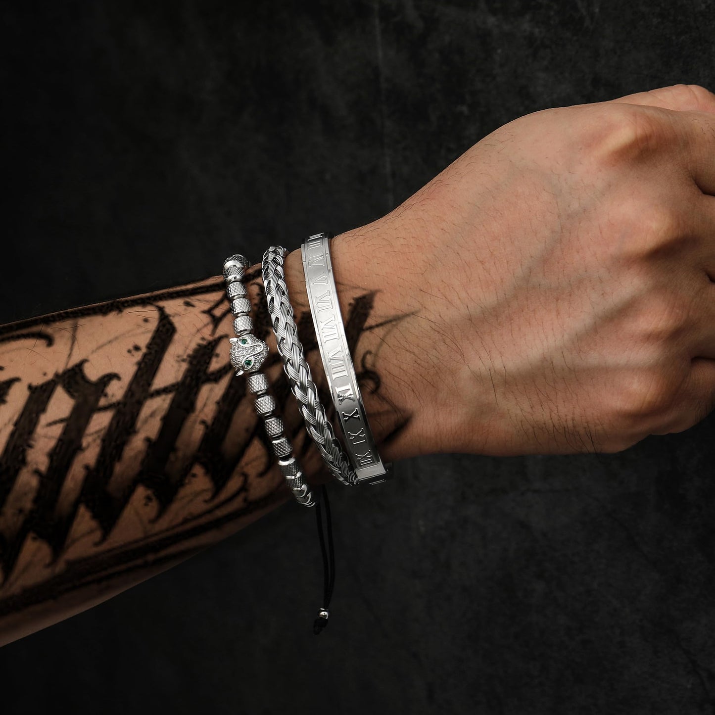 WFYOU 3PCS Stainless Steel Bracelets for Men Gold Roman Numeral Bangle Bracelet Twisted Cable Bracelet Adjustable Cuff Bracelet Mens Luxury Jewelry Bracelets Gifts(O:Silver-CZ Leopard Head)