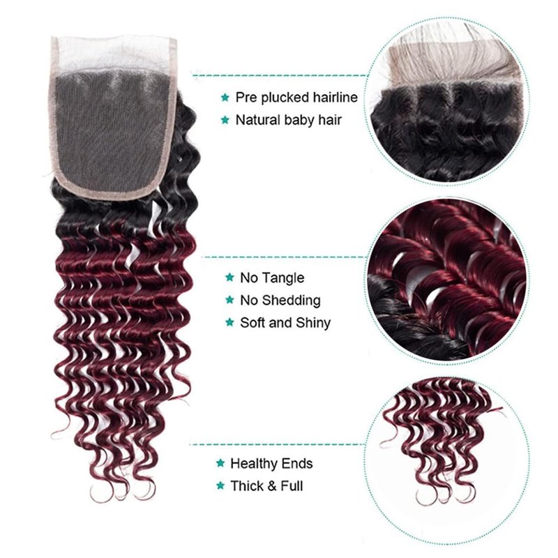 1b99j Burgundy Deep Wave Ombre Closure 4x4 Transparent Lace Closure Human Hair Unprocessed Brazilian Virgin Remy Hair High Density 2 Tone 1b/99j Wet And Wavy Deep Curly 18 Inch
